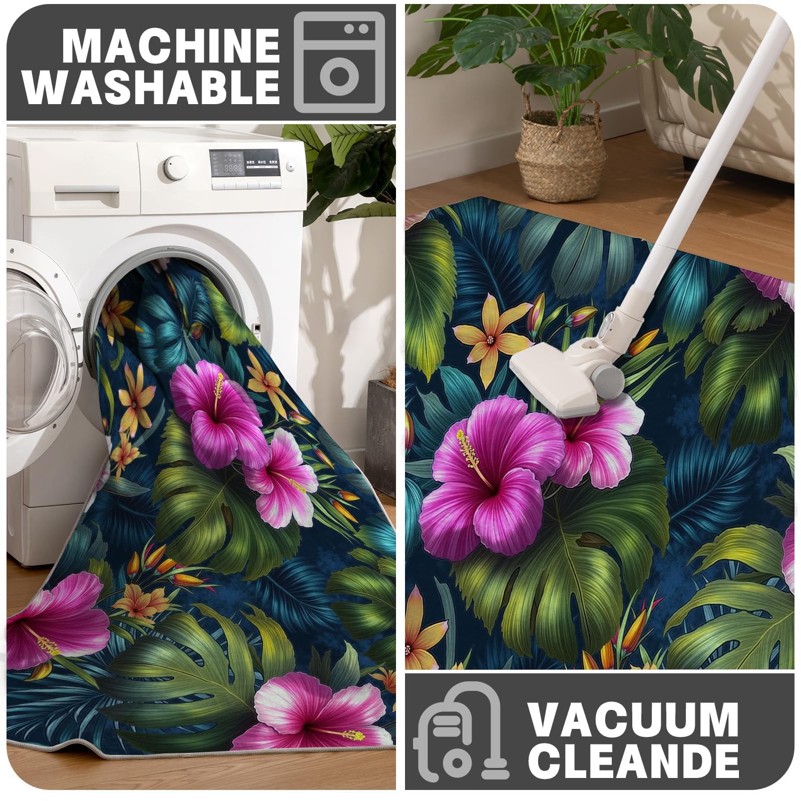 Paillasson de intérieur Antidérapant, Tapis de Tropical Charme, Tapis Salle de Bain Flanelle Douce, Absorbant l'eau, pour Cuisine (Hibiscus Plante À Feuilles, 80x120cm