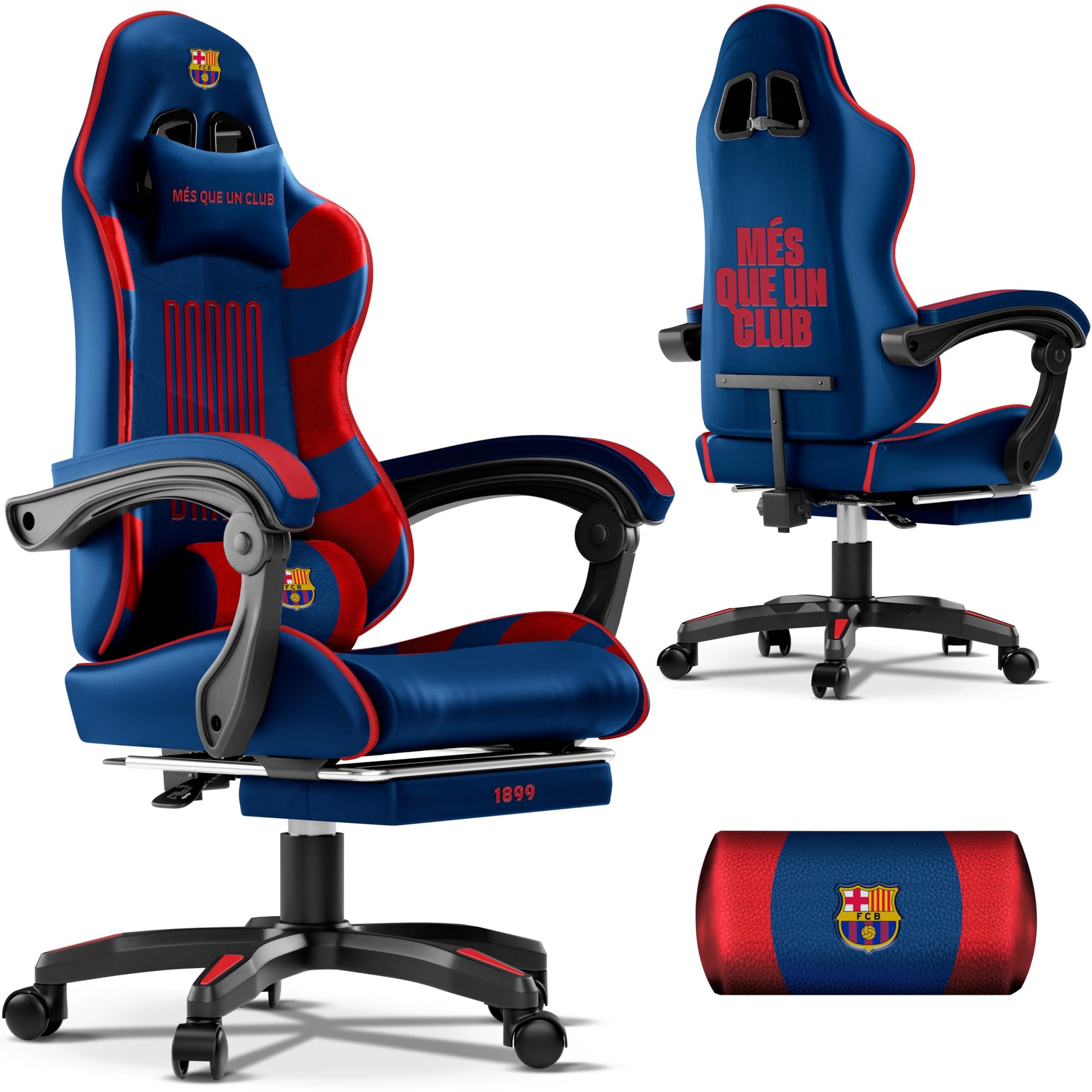 JUPPLIES Silla Gaming FC Barcelona Oficial - Silla Gamer Ergonómica Reclinable 135º, Cojín Memory Foam, Reposapiés Retráctil y Altura Ajustable para PC, Consola y Escritorio Juvenil (sin masajeador)