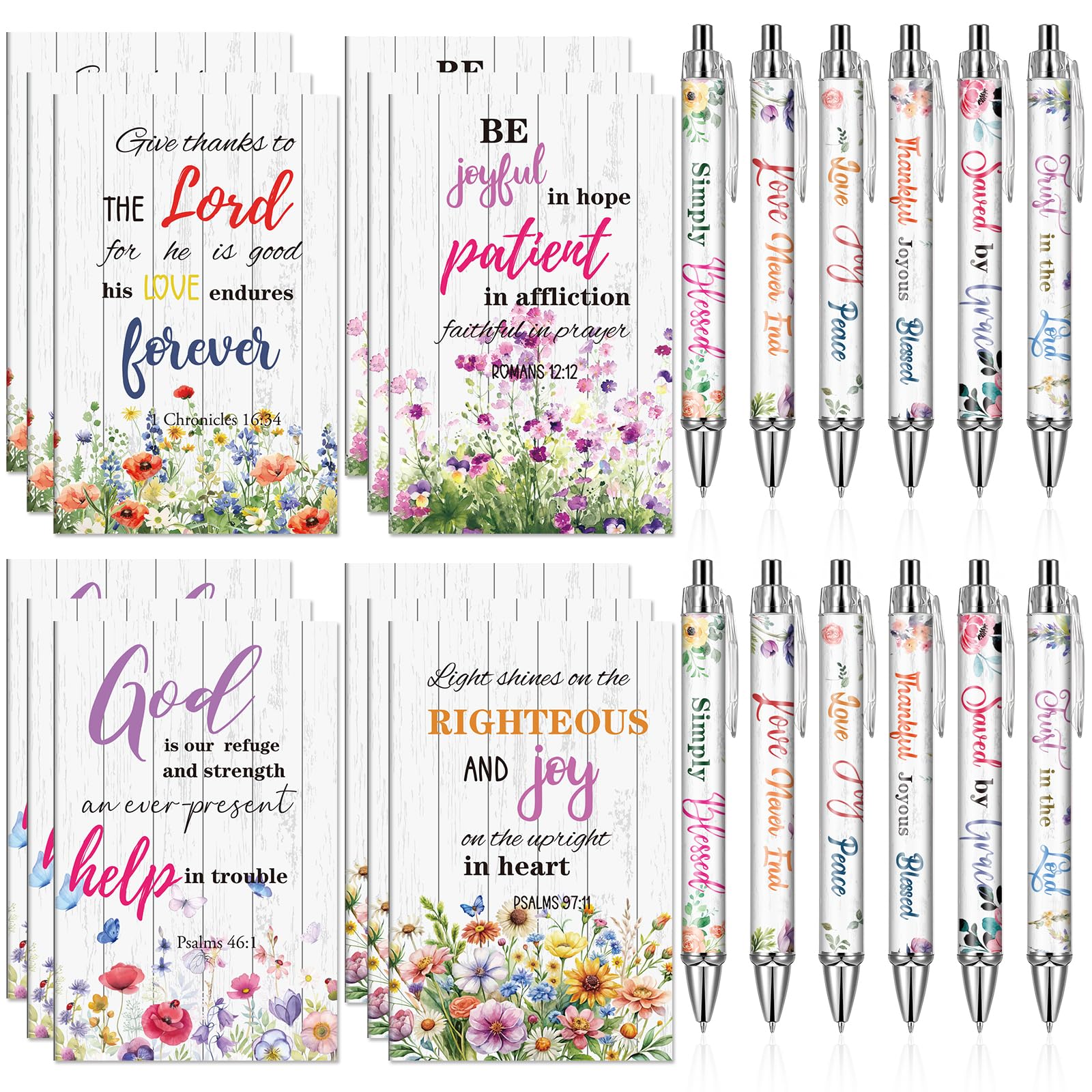 INCOK Christian Notebooks and Pens Set - 24 Pcs Scripture Ballpoint Pens and Bible Notepads Set Flower Religious Inspirational Christian Gift Bulk for