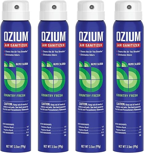 Ozium Desinfectante de aire y eliminador de olores para hogares, automóviles, oficinas y más, Country Fresh, 3.5 onzas (paquete de 4)