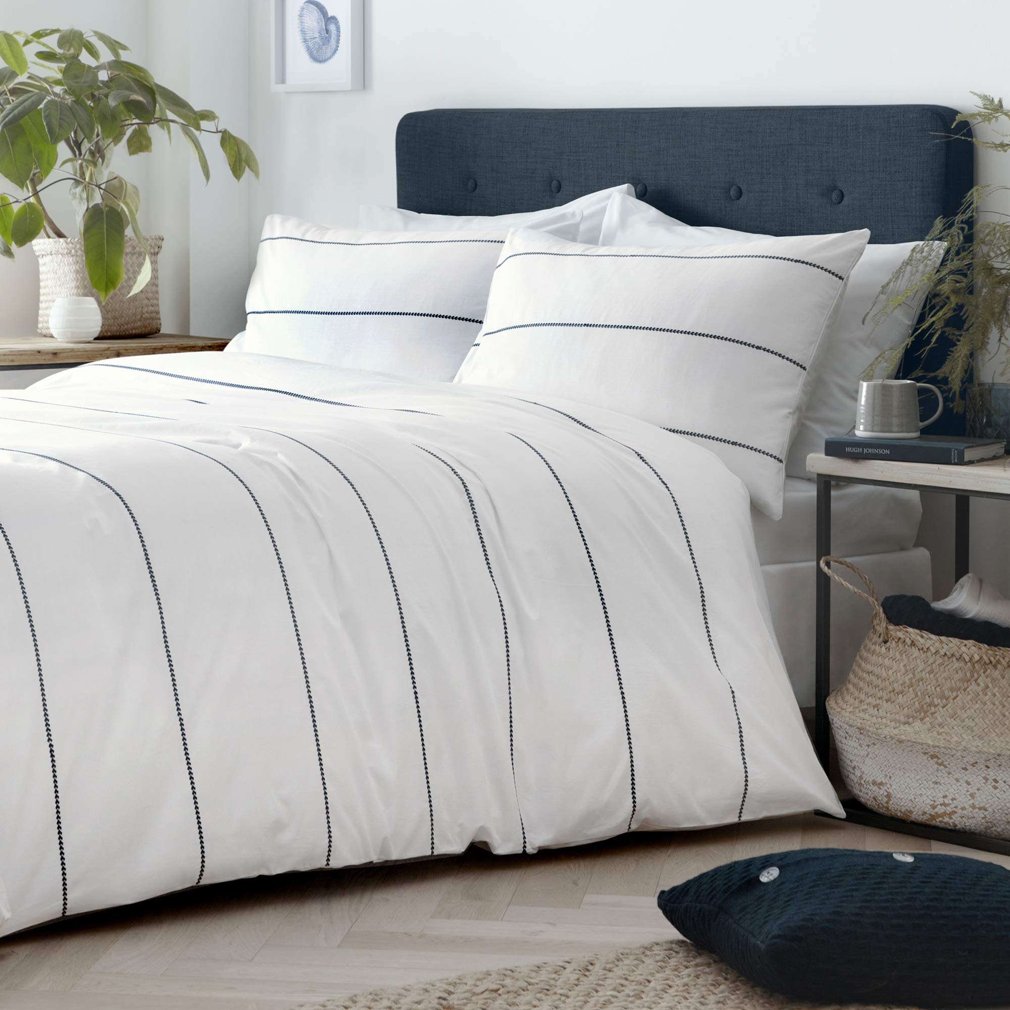 Appletree Signature Salcombe 100% Cotton Embroidered Chevrons Duvet Cover Set, White/Navy, Double