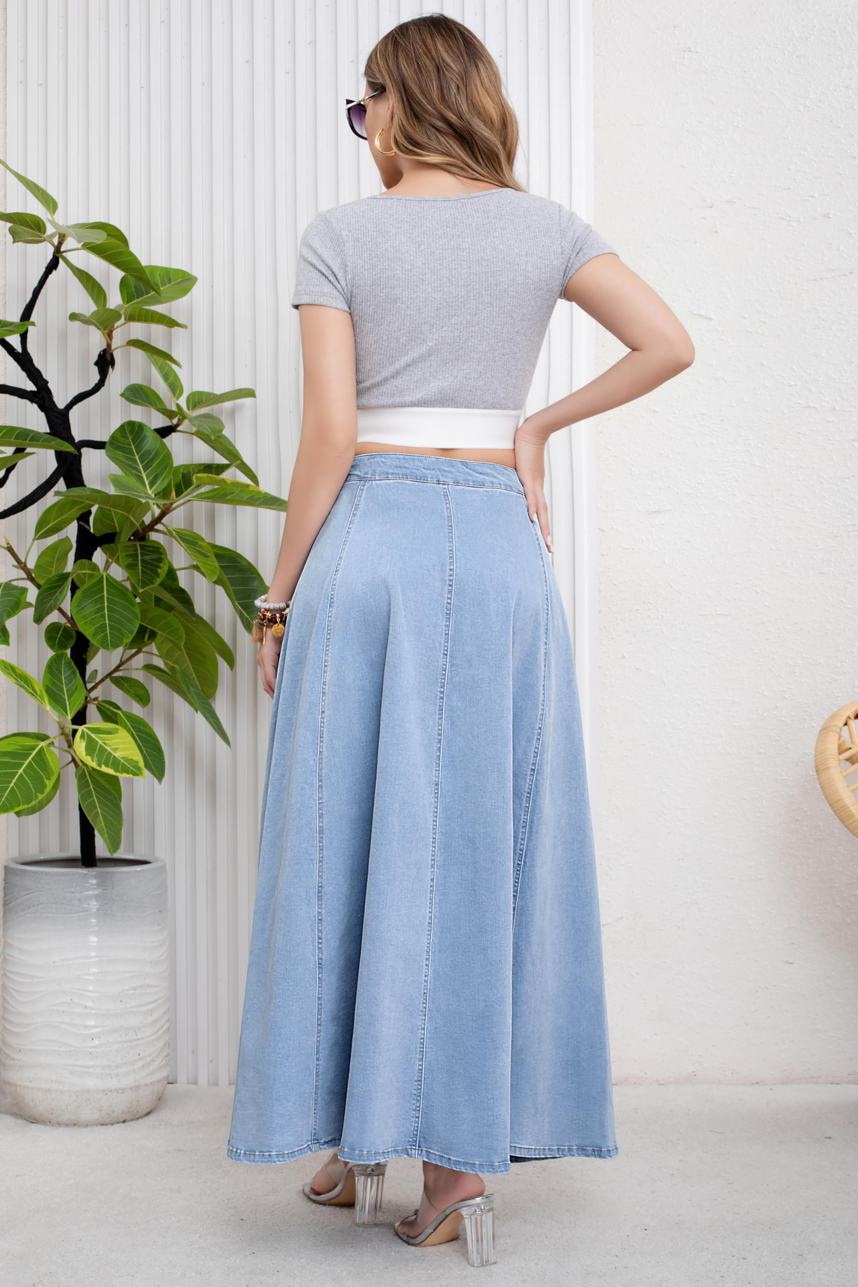 ebossy Damen Retro-Jeansrock mit hoher Taille, Knopfleiste, fließendes Plissee, Swing A-Linie Denim Maxi-Röcke