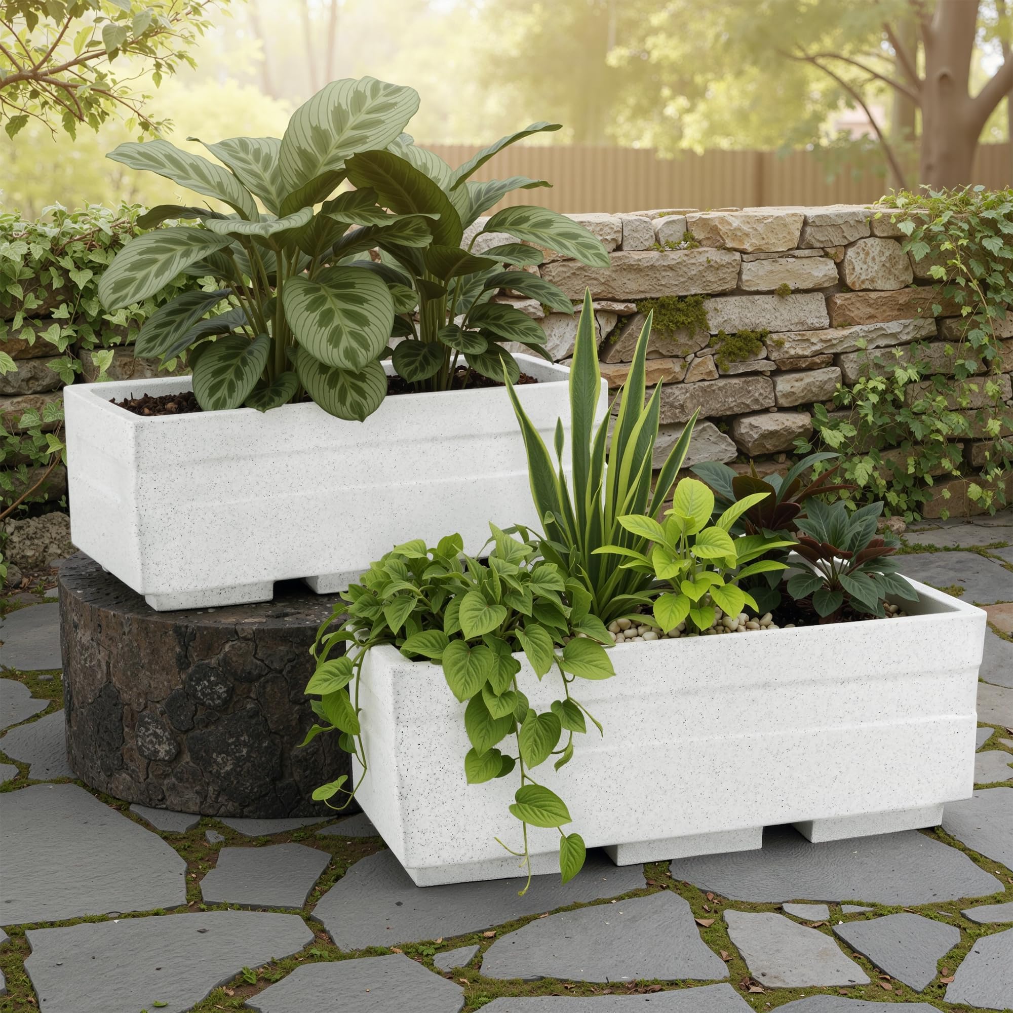 Kuber Industries 2 Pcs Rotomould Large Planter 20 Inch | Rectangular Flower Pot for Garden, Balcony, Patio, Terrace with Drainage Holes | Trow - White