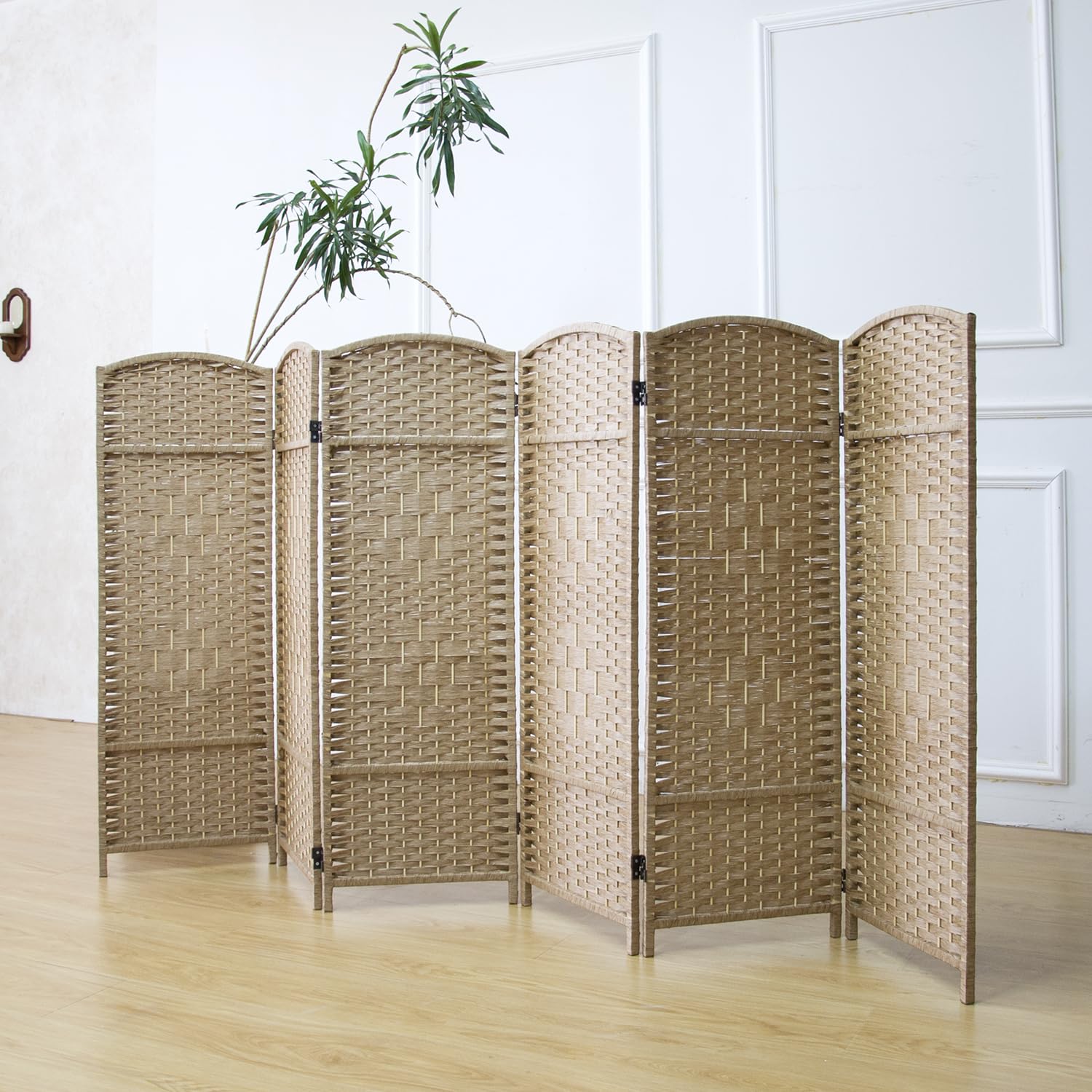 6 panel rattan divider short room partition screen,double sided folding divider for room separation,light brown,47.2" h x 94.5" w