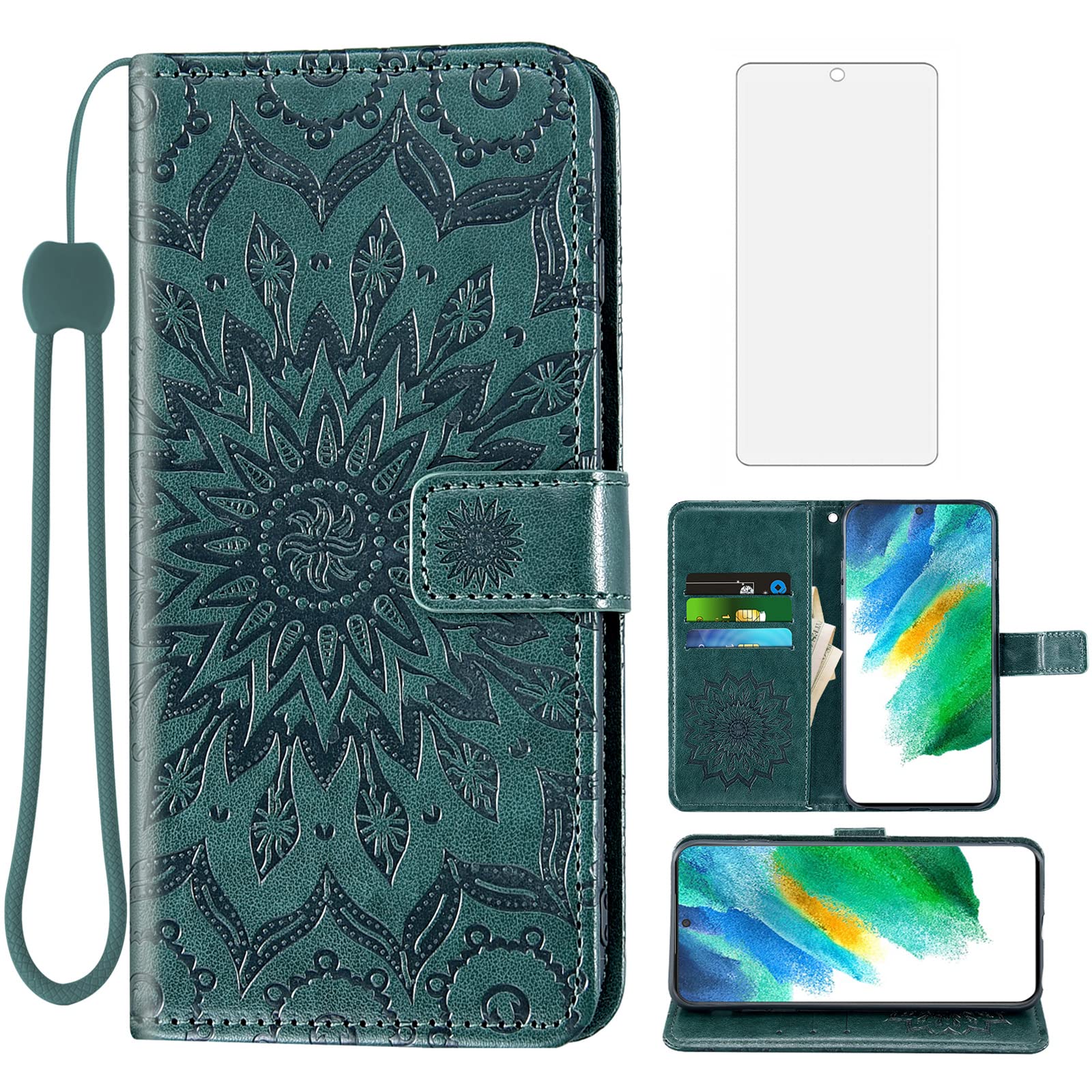 Asuwish Phone Case for Samsung Galaxy S21 FE Gaxaly S 21 FE 5G Wallet with Tempered Glass Screen Protector Leather Flip Cover Card Holder Stand Cell Glaxay S21FE5G UW S21FE 21S G5 Women Men Dark Green