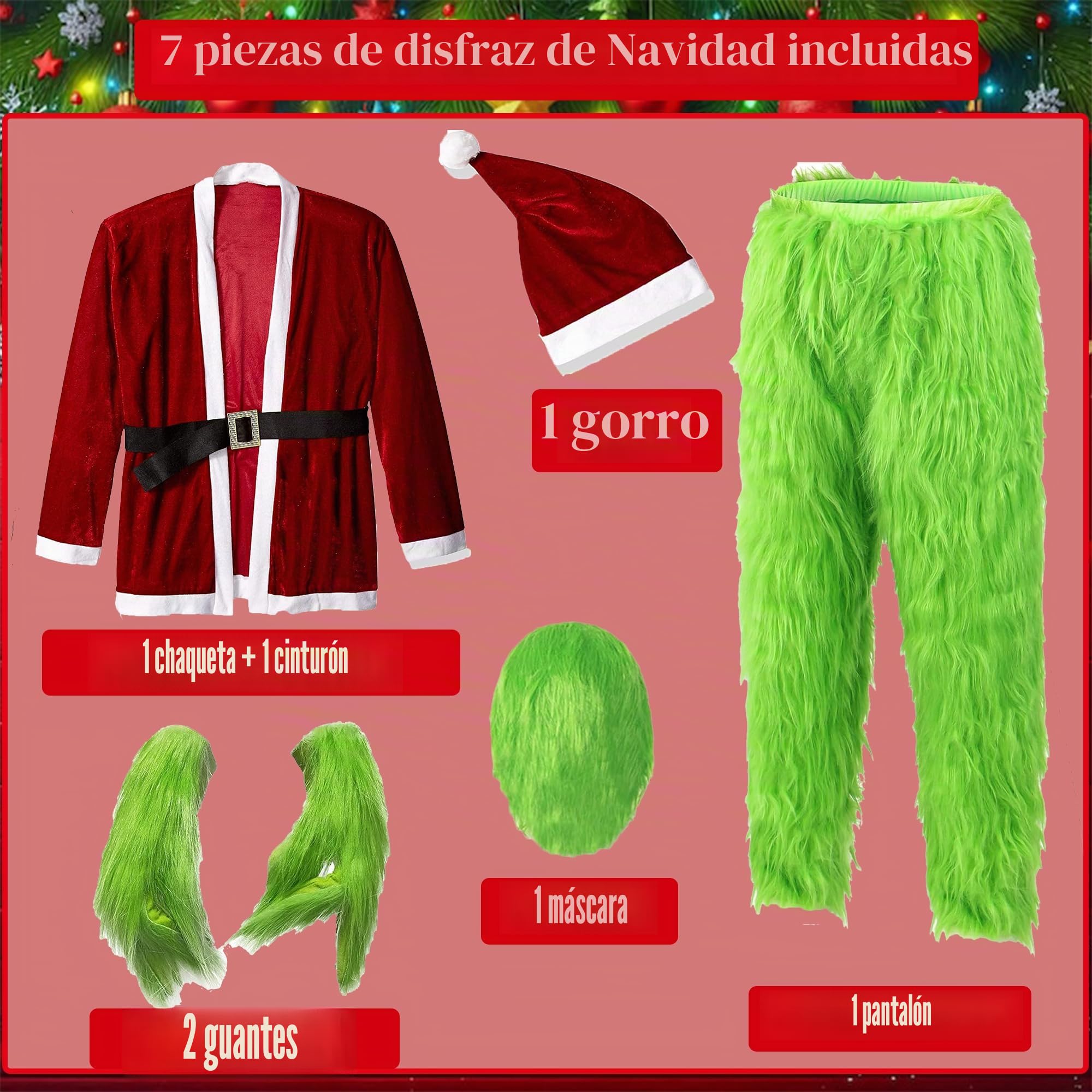 Carnavalife Disfraz navidad, traje de monstruo verde, disfraz papa noel para Hombre Adulto, Ropa de Papá Noel con accesrorios, Cosplay de Navidad lujo Santa Claus Santa Claus