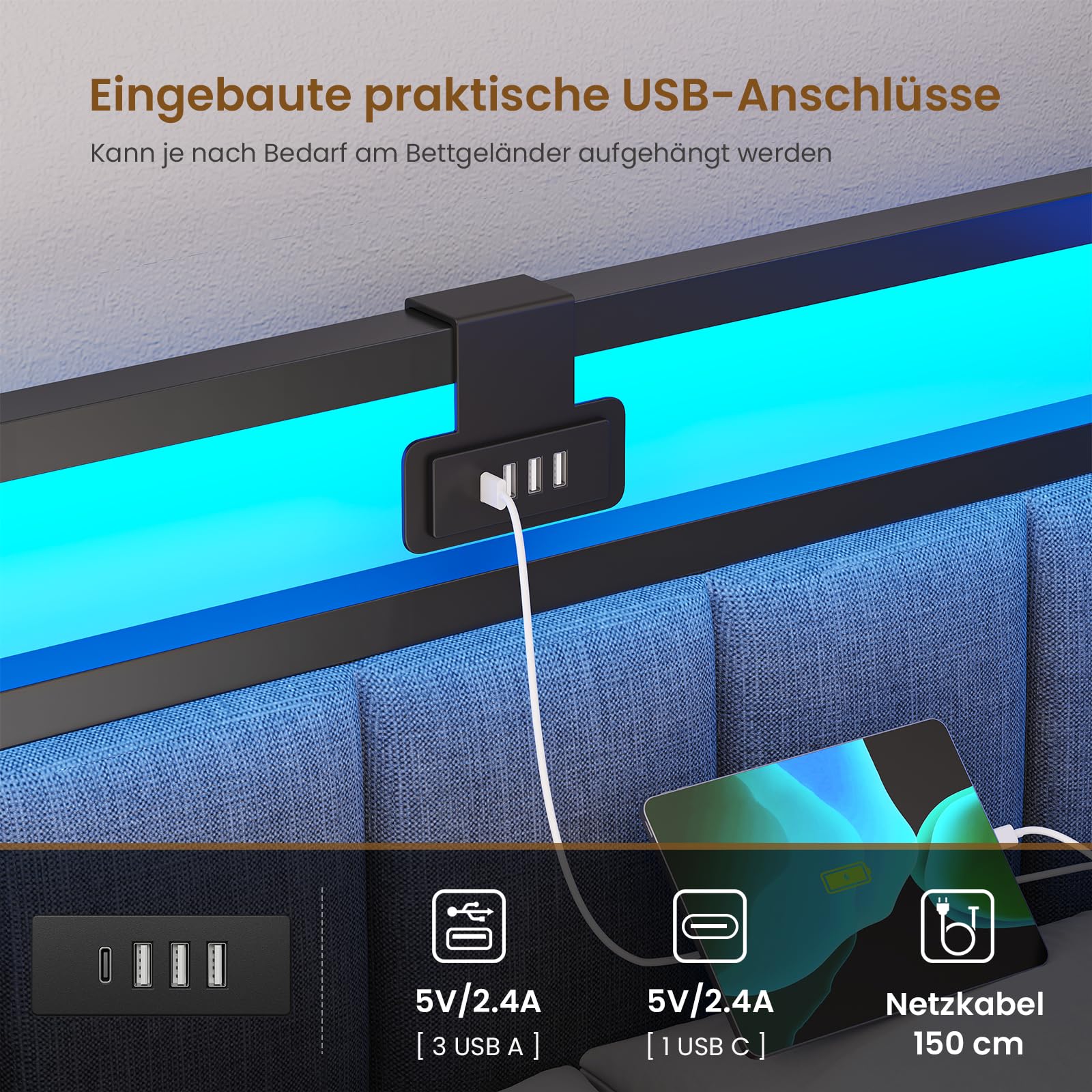 DICTAC Polsterbett Schlafsofa 90x200 mit LED-Beleuchtung und USB-Ladestation, Jugendbett Tagesbett 90x200 mit Lattenrost aus Metall und 2 Schubladen, Gästebett,Bettgestell - Ohne Matratze,Dunkelgrau