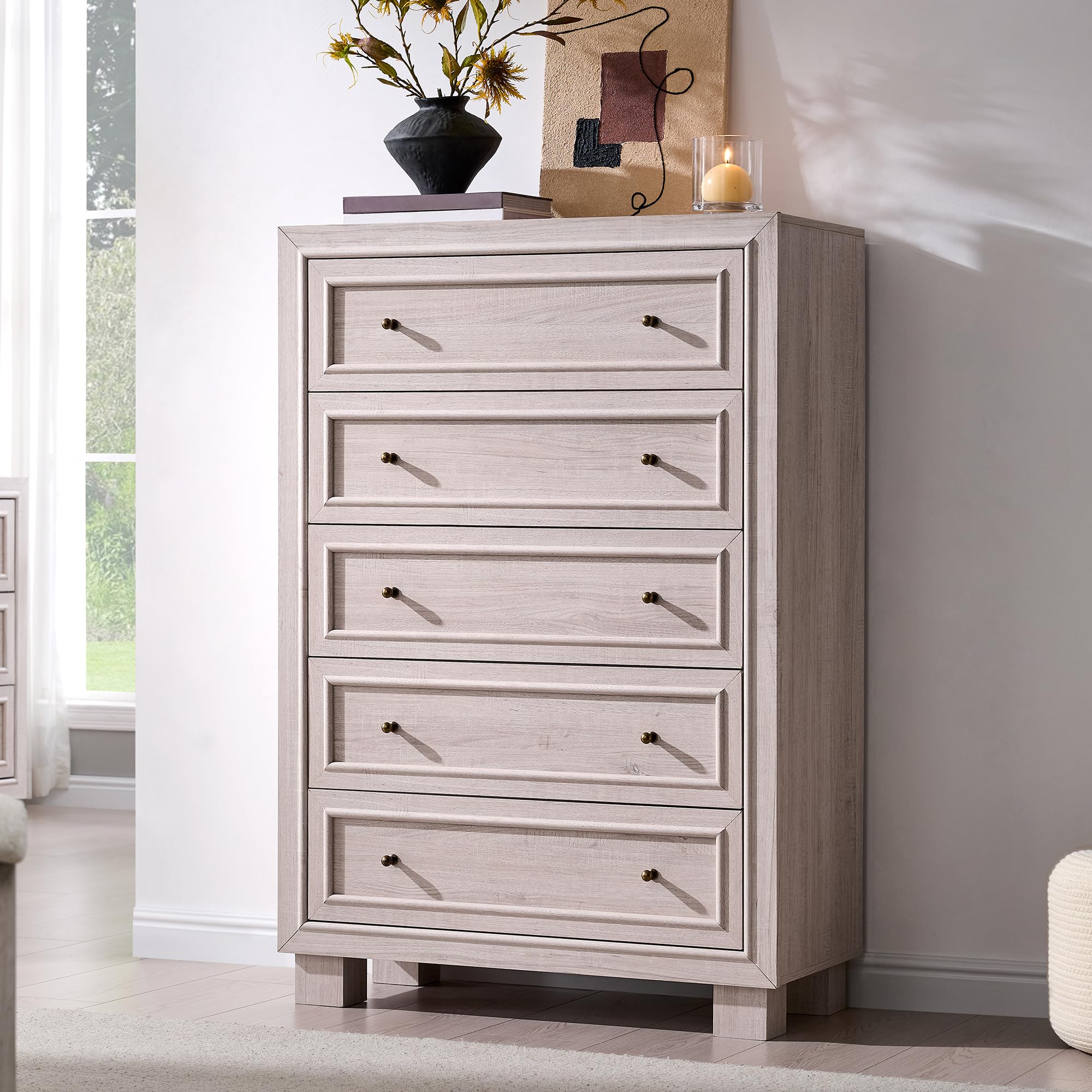 JXQTLINGMU Dresser for Bedroom with 5 Drawers, Two Included Base Styles
