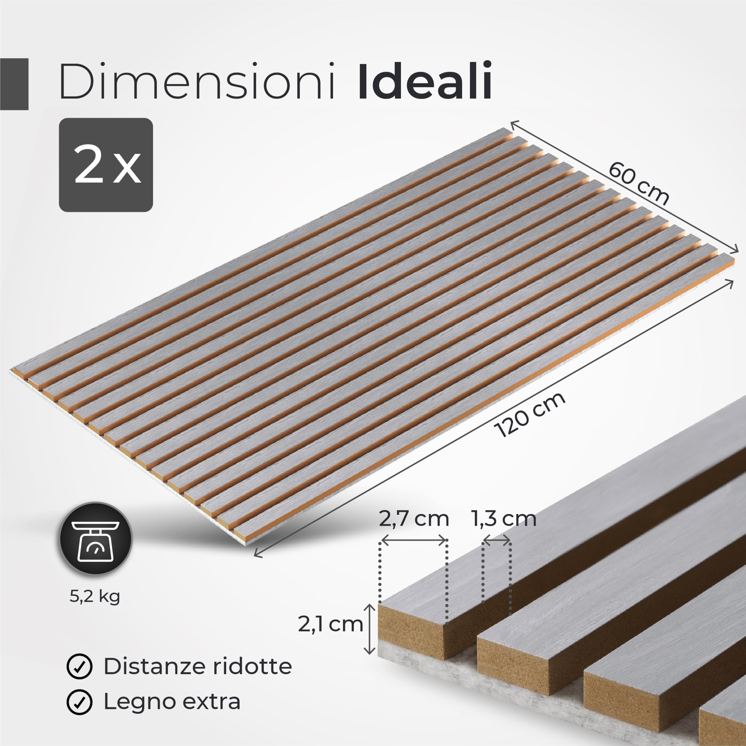 Pannelli Acustici In Legno, 2 Pezzi Da 120x60 cm (= 1,44m²) - Feutre Acustico (Grigio) & Placcatura In Legno Vero (Pera) - Rivestimento Murale 3D, Isolamento Acustico