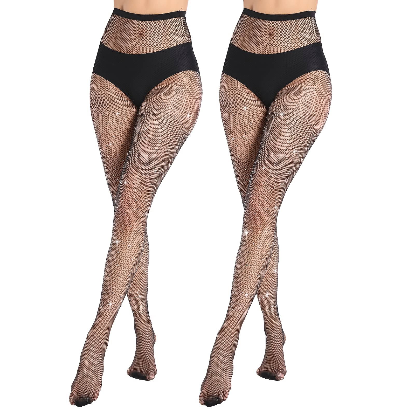 Manzi Women's Black-2 Pairs Fishnet Tights, Sparkly Rhinestones And Diamond Mesh Stockings, Glitter Tights For 2 Pairs Black