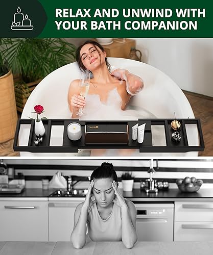 Miniatura 5 de Bandeja plegable para bañera de bambú bandeja para bañera expandible organizador de mesa para bañera con lados extensibles jabonera gratis