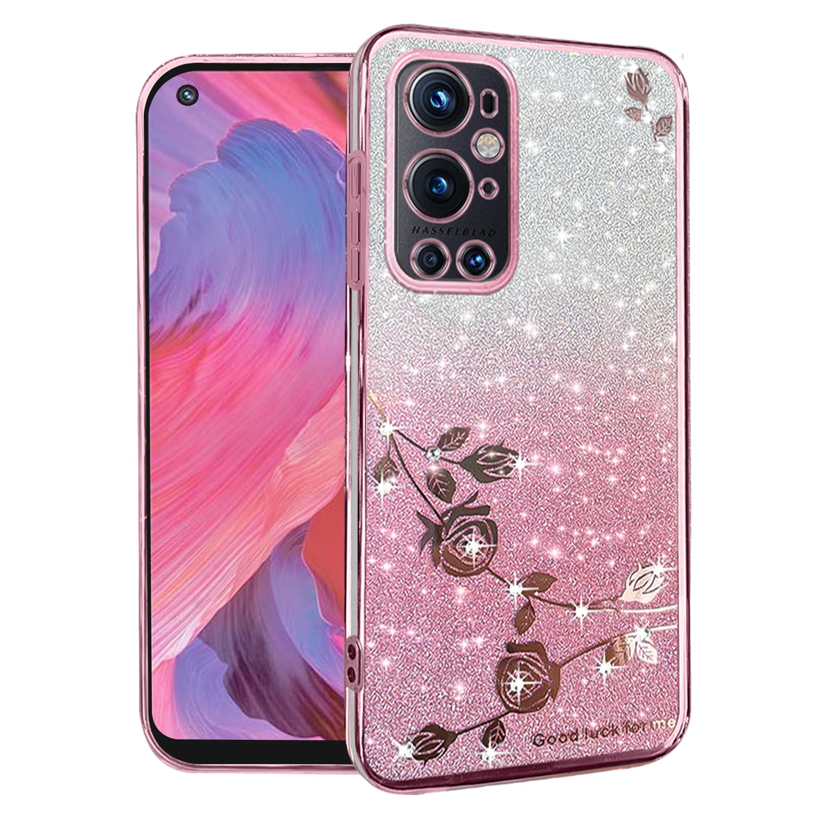 Phone Case for Oneplus 9 Pro 5G Clear Glitter Floral, Cute Slim for Oneplus 9 Pro 5G Case Silicone Shockproof Protective Women Girls Cover Sparkle Aesthetic (Pink)