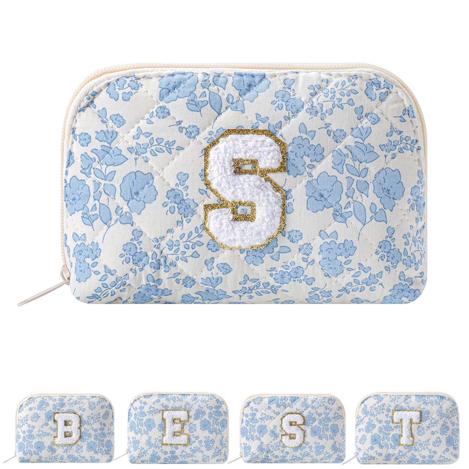 JOVAKIT Conch Alphabet Makeup Bag Cosmetic Bag for Women, Christmas Gifts for Women Girls, Blue Floral Coquette Travel Bag, Zipper Make Up Pouch