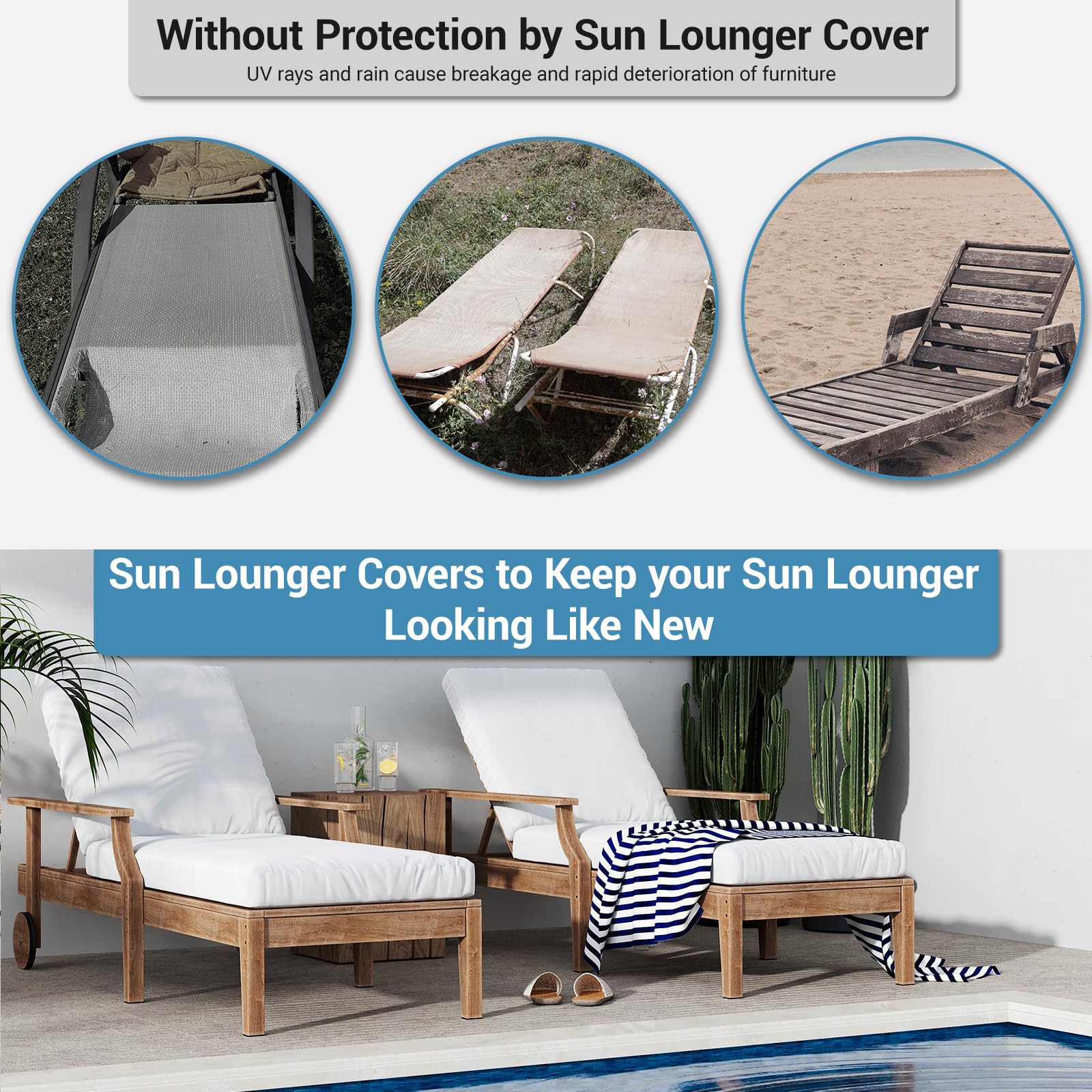 Housse Bain de Soleil Impermeable avec Aération, Sangles à Boucle, 210x80x45/75cm Anti-UV, Coupe-vent, Housse pour Chaise Longue Exterieur 600D Heavy Duty Oxford, Anti-déchirure