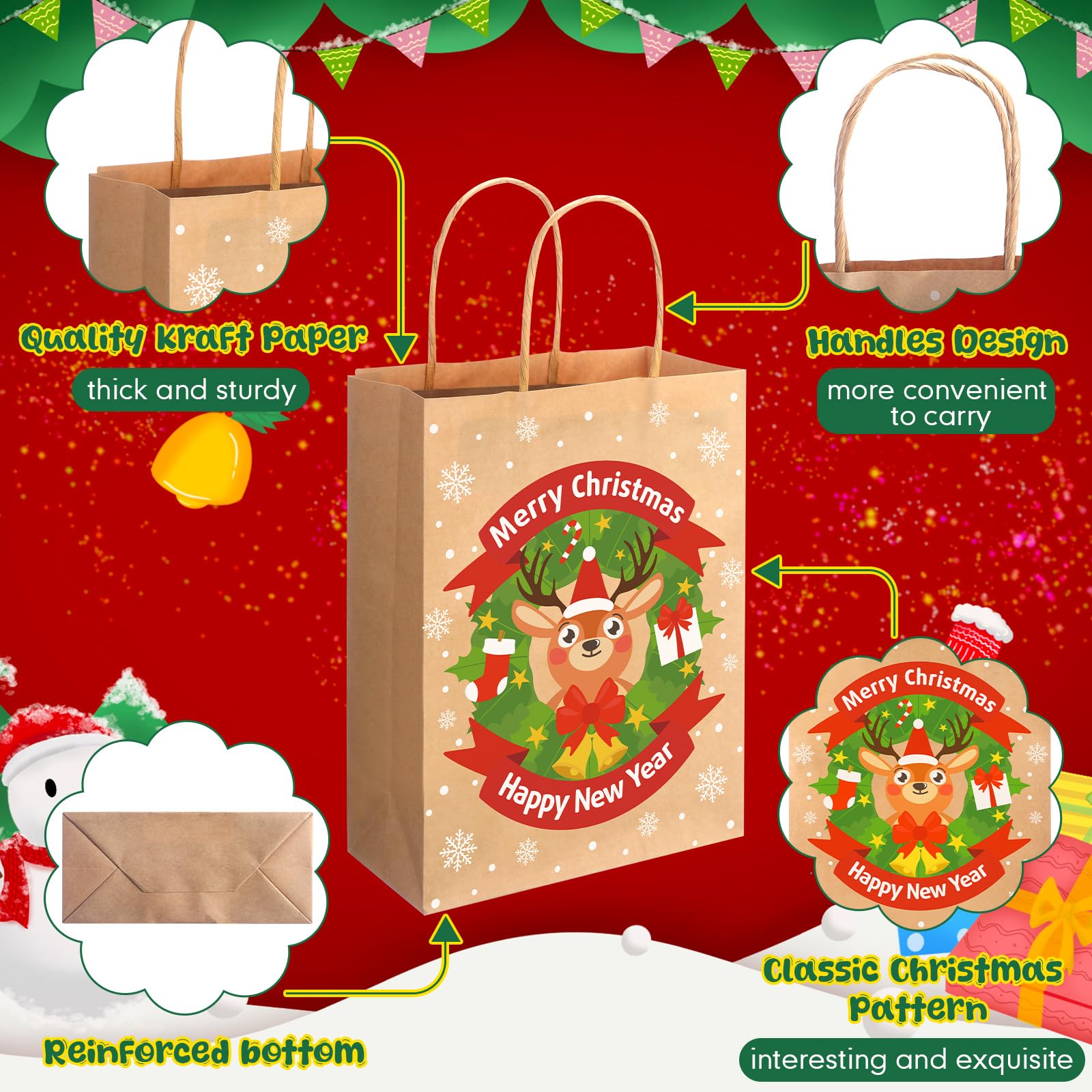 Cholemy 200 bolsas de regalo de Navidad a granel, 9 x 7 x 3 pulgadas, bolsas de papel kraft de Navidad con asa, bolsas de regalo de Navidad para regalos especiales de vacaciones, 10 estilos (colores