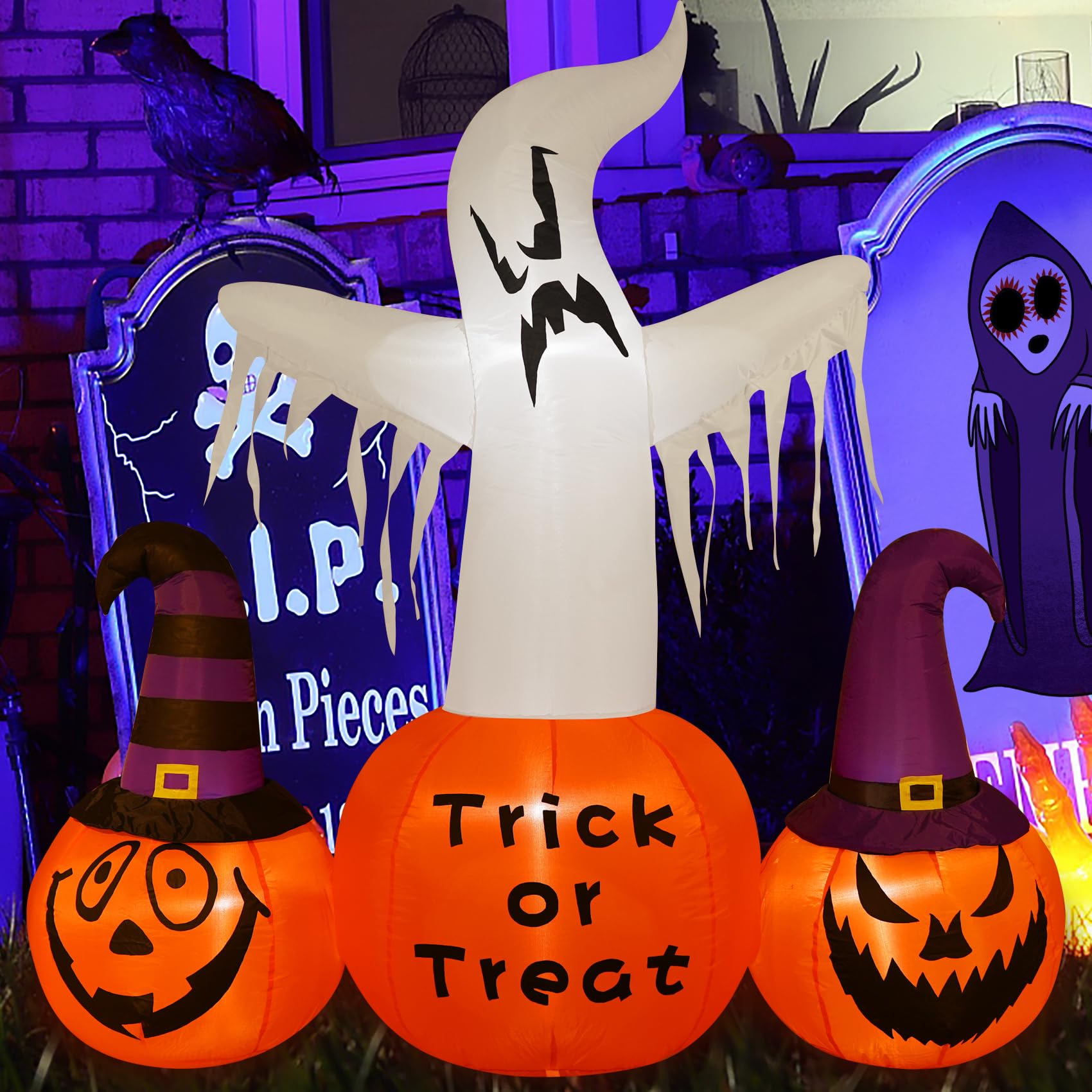 Double Couple 6FT Halloween Inflatables Outdoor Decorations Inflatable Pumpkin and Ghost Outside with Built-in Led Light Yard Inflatables for Garden Lawn Decor