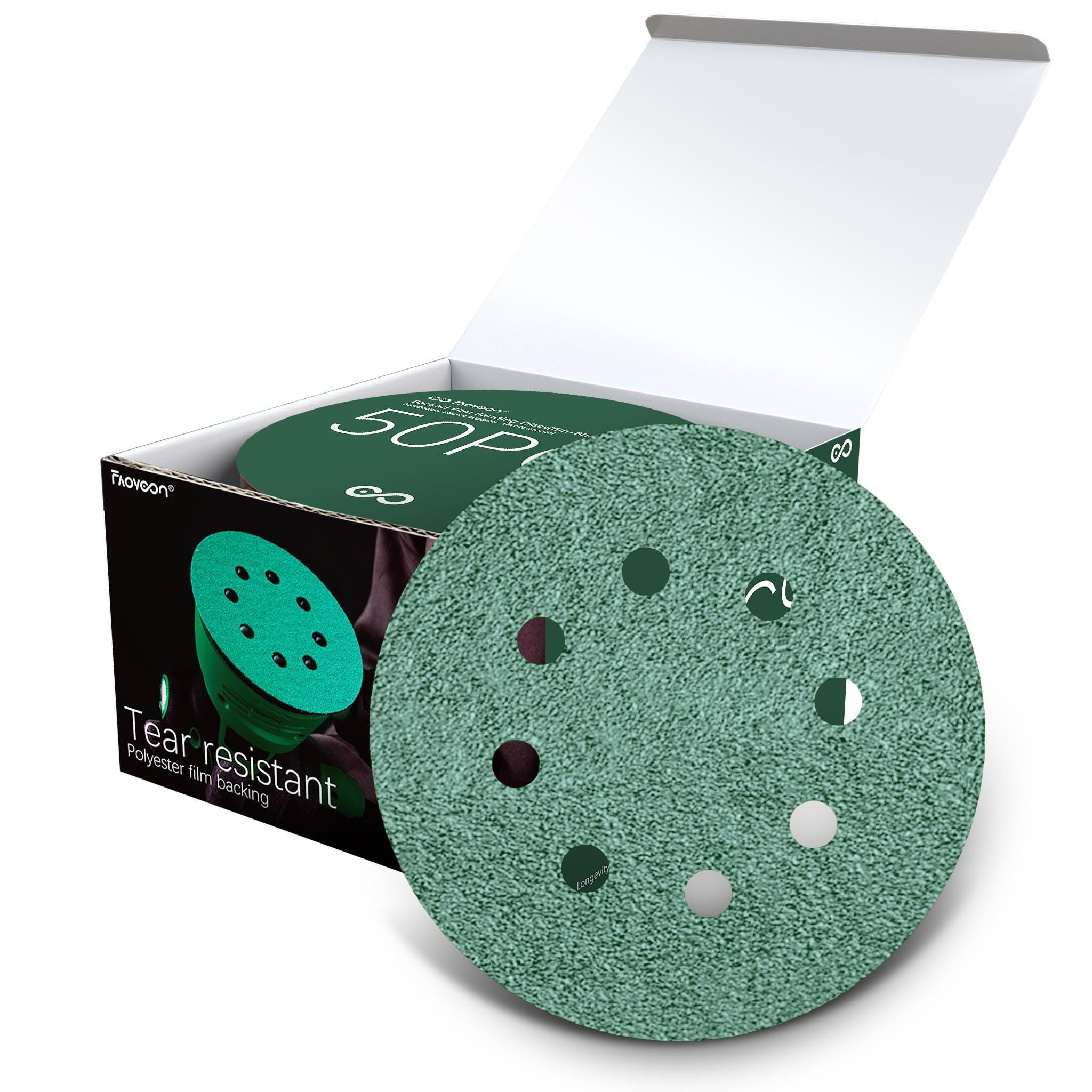 Sanding Disc 5 Inch 8 Hole Hook & Loop, Orbital Sander Pads for Woodworking, Metal, Automotive, Green Film sandpaper discs - 40 Grit,50 Pack