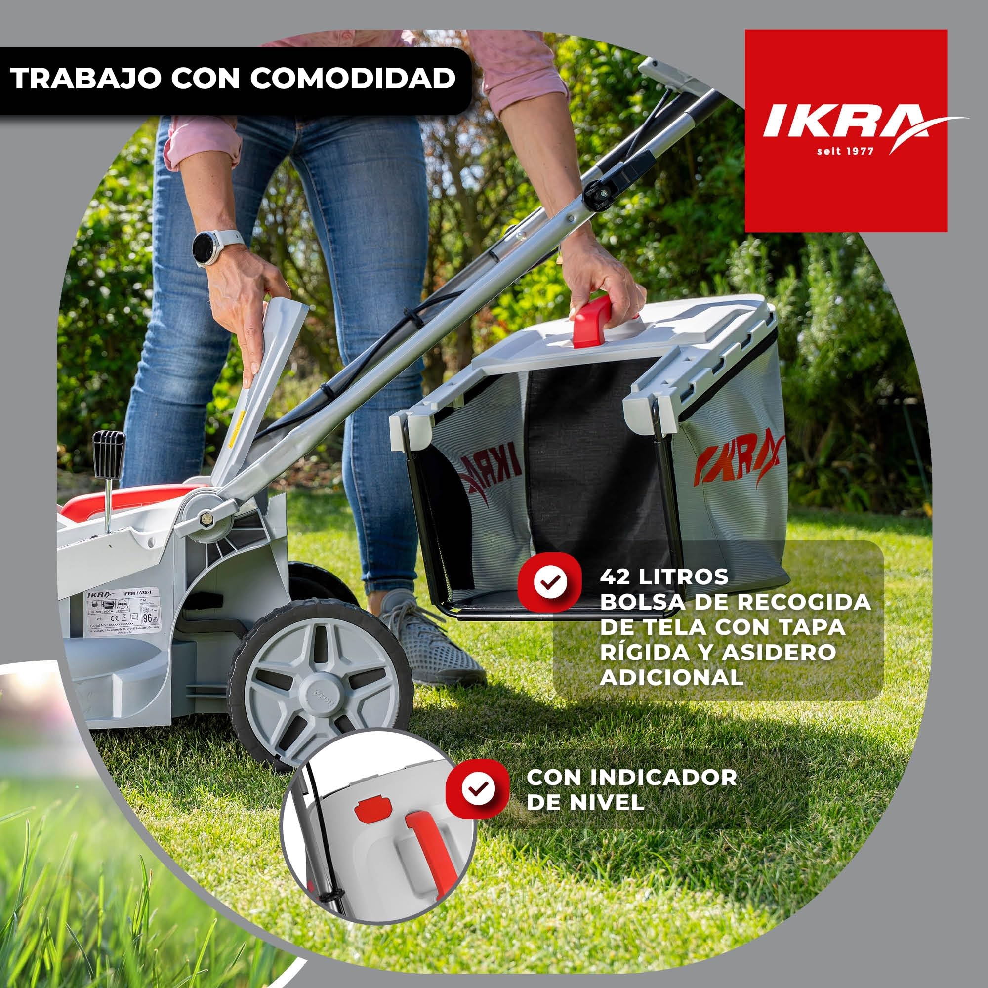 IKRA cortacésped eléctrico IERM 1638-1, 1600 W, Ancho de Corte 38 cm | Manillar regulable, altura de corte de 30-75mm, bolsa de colectora de 42 l, cuchilla de metal, manillar de guía plegable