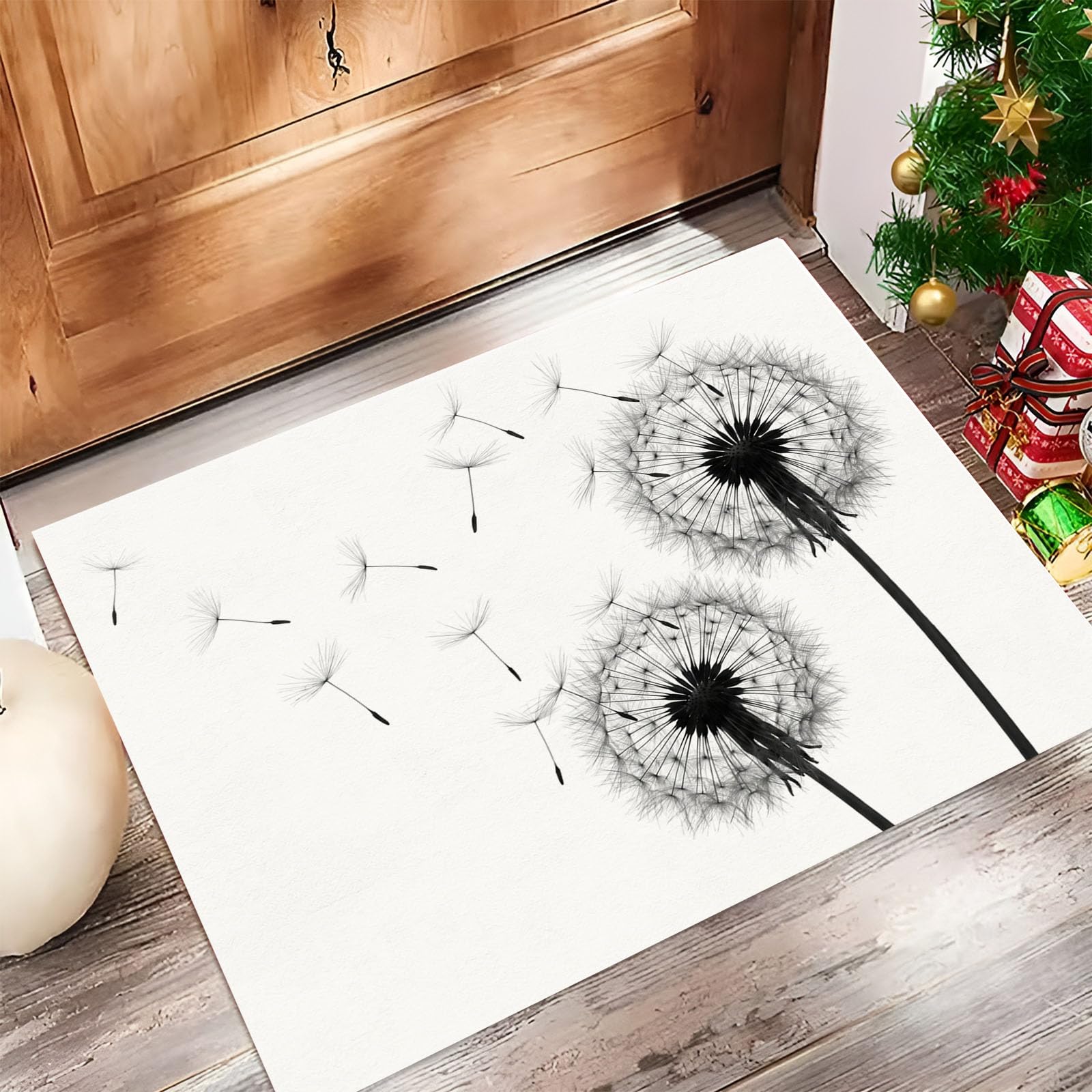 Felpudo Ultrafino Para Interiores, 80X120Cm, Silueta Sencilla De Diente De León Alfombra Antideslizante Lavable Para Entrada, Plantas Pintadas A Mano Felpudo De Perfil Bajo, Atrapa Suciedad, Blanco