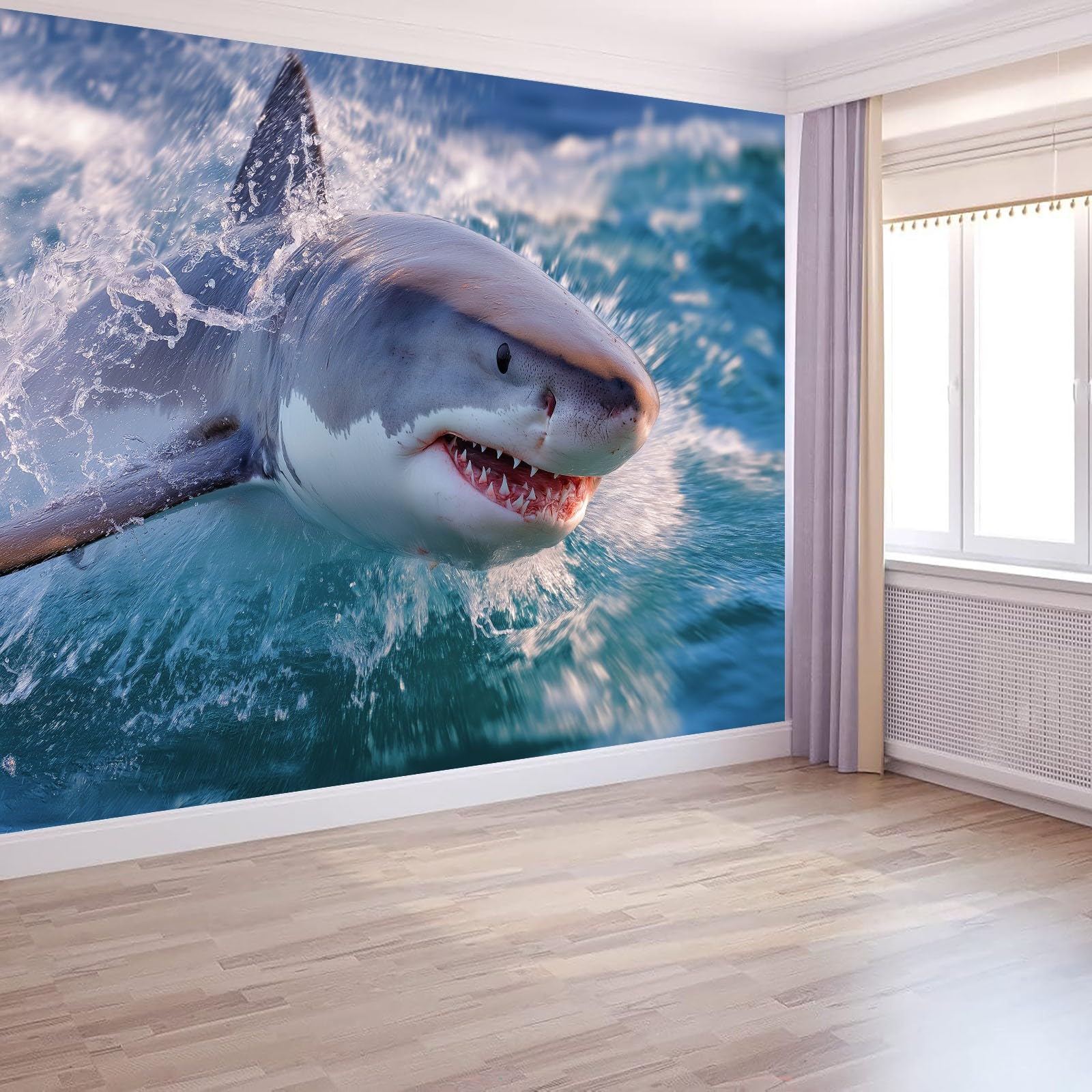 Générique Panoramiczna tapeta oceanu rekiny 200 x 140 cm, dekoracja ścienna z dzikimi zwierzętami do salonu sypialni, niebieski gobelin ścienny tapeta z włókniny