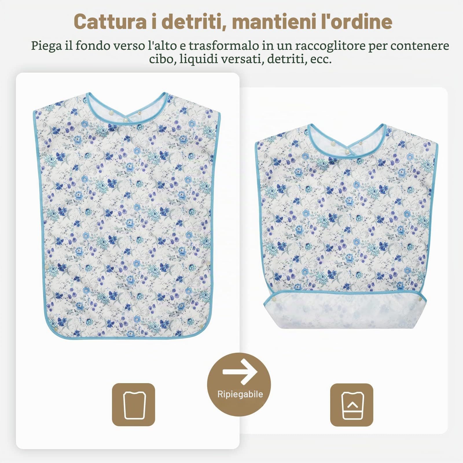 Roylvan Bavaglino Impermeabile Adulto Lavabile e Riutilizzabile 3 Pezzi, Bavaglino Protezione Abbigliamento Pulizia Facile e Portatile Raccoglitore Briciole per Mangiare e Truccarsi, Nero+Bianco+Blu
