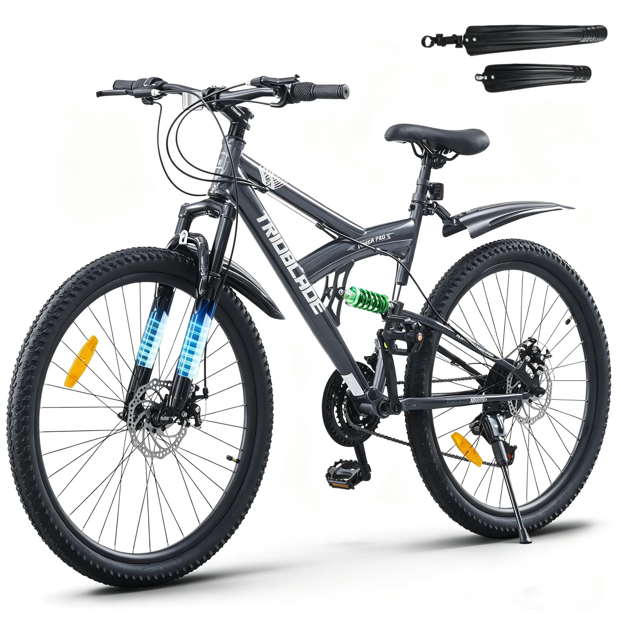 LSBIKE 24/26/27.5 Inch Full Suspension Mountain Bike, 21 Speed Adult Mountain Bicycle with Front & Rear Disc Brake Men Women MTB Road City Bike w/Carbon Steel Frame Double Rim Wheel (Grey, 26inch)