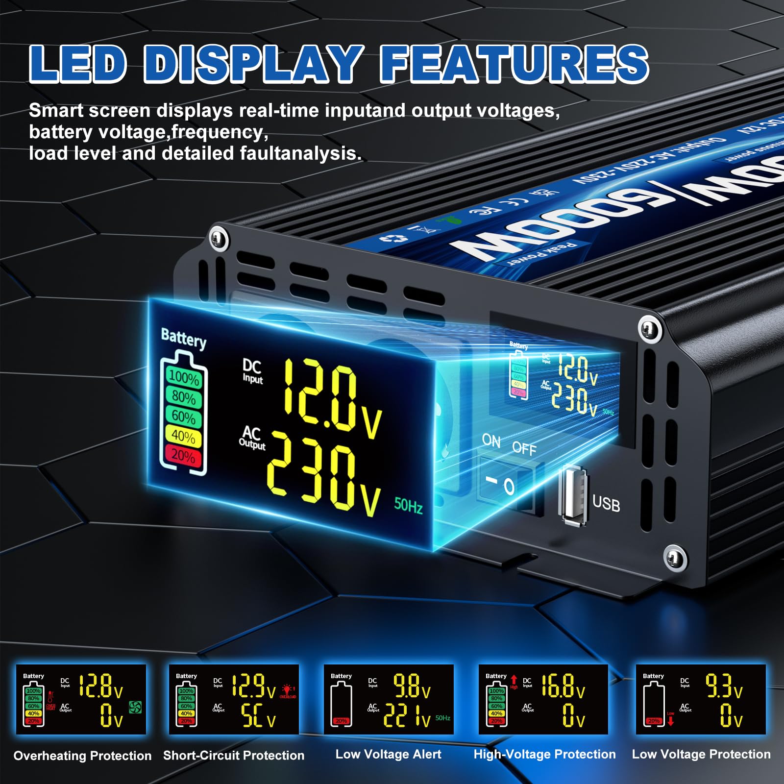 Inverter 12 V 230 V 3000 W/6000 W convertitore di tensione modificato Sinus Wave Inverter con 2 prese AC e porta USB e Type-C per auto camper veicoli