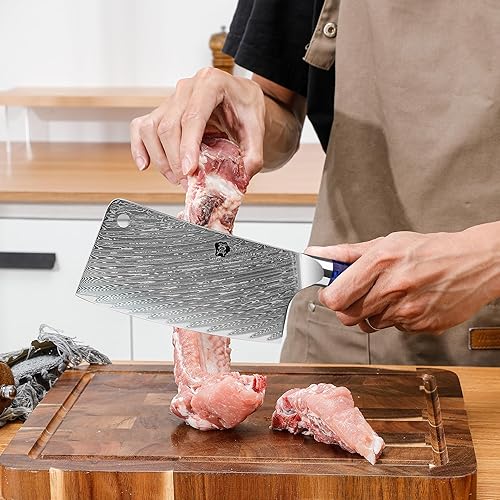 Miniatura 7 de WILDMOK Cuchillo de carnicero profesional de 7 pulgadas, cuchillo de carnicero de acero de damasco, cuchillo de cocina de carnicero resistente,