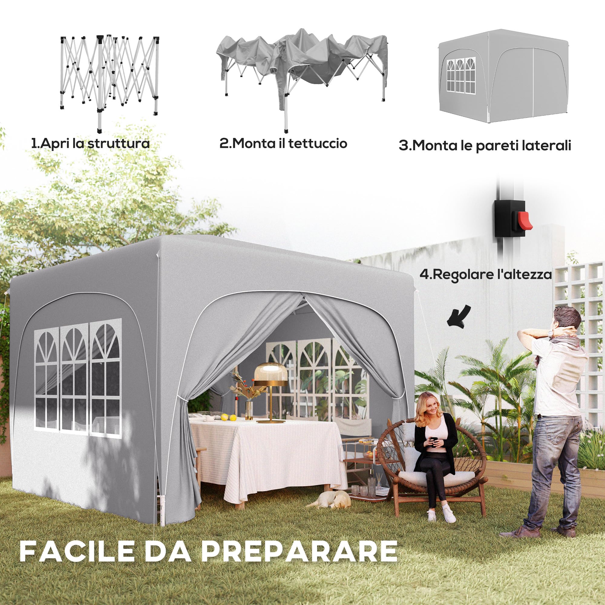 Outsunny Gazebo 3x3 m Pieghevole con Pareti a Rete, Altezza Regolabile e Anti-UV, Gazebo da Giardino Pop Up, Tende per Eventi e Tendoni, Tenda per Giardino, Feste, Campeggio, Grigio Chiaro