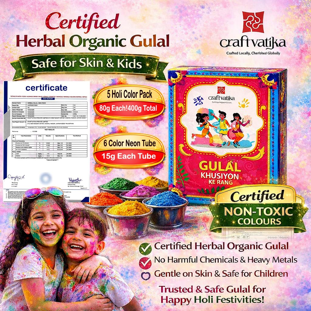 CraftVatika Holi Ke Rang Gulal with Neon Body Paint Color Paste Tube Combo Pack for Holi Festival, Face Paint, Skin Friendly Neon UV Glow Colour Paint (6 Tubes, 5 Pouch 300g) 1
