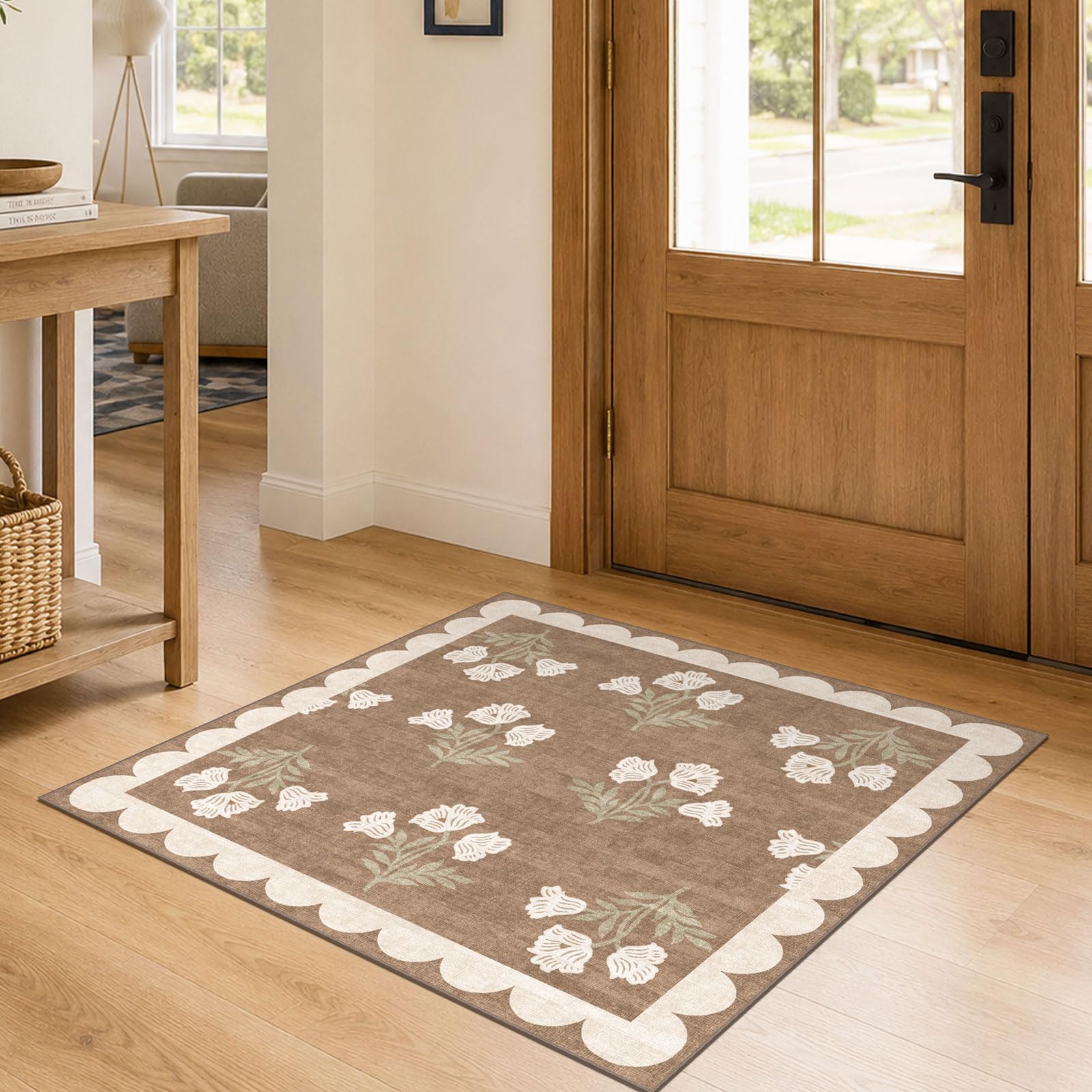 Othilic 3x3 Square Entryway Rug - Non-Slip Washable Front Door Mat Indoor Outside Entrance Small Porch Rug Tan Neutral Floral Scalloped Throw Rugs for Entryway Kitchen Bedroom Office Front Porch Decor