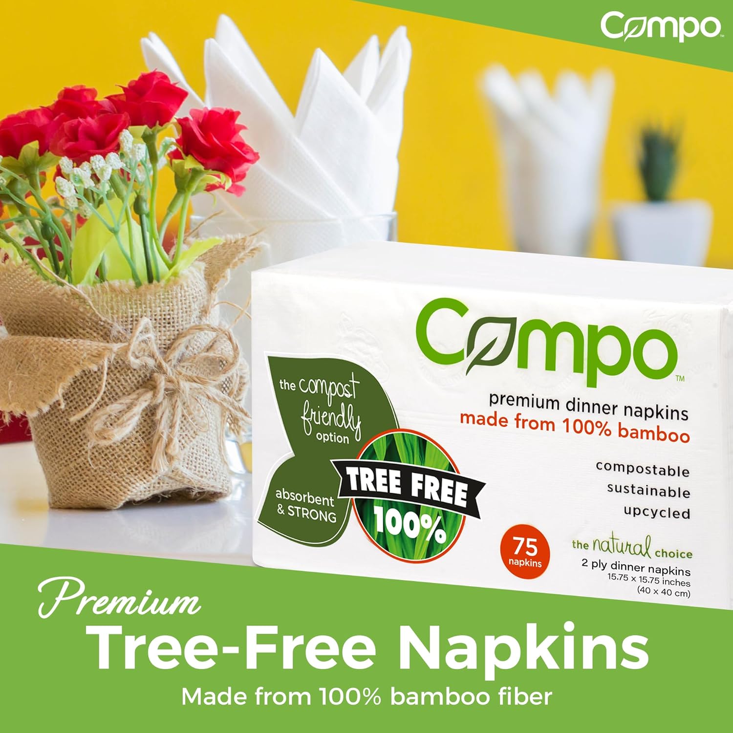 Compo Compostable Premium Dinner Napkins & Bathroom Guest Towels, Extra Absorbent 2-Ply Tree Free White Paper Napkins, Chlorine-Free, Made of Bamboo, 75 Count (Pack of 4)