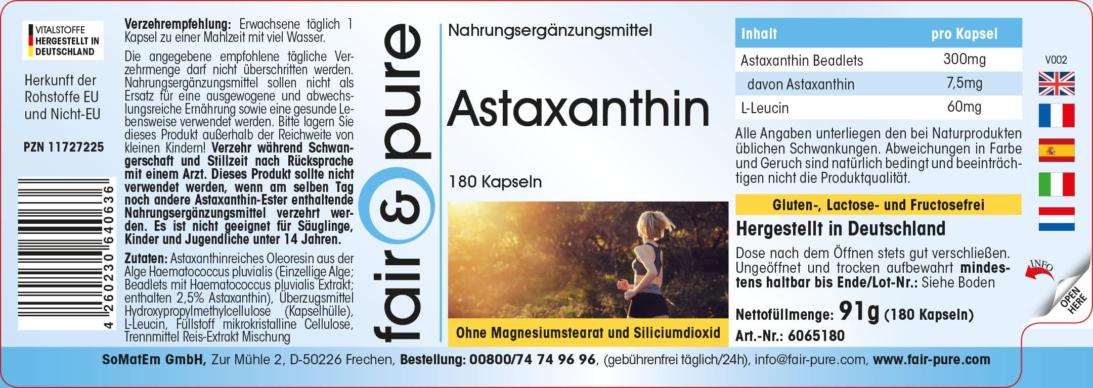 Fair & Pure Astaxanthin 7,5mg Tagesdosis, 180 Kapseln, schluckfreundlich, mikroverkapselt, Nahrungsergänzungsmittel vegan ohne Magnesiumstearat, in Deutschland hergestellt