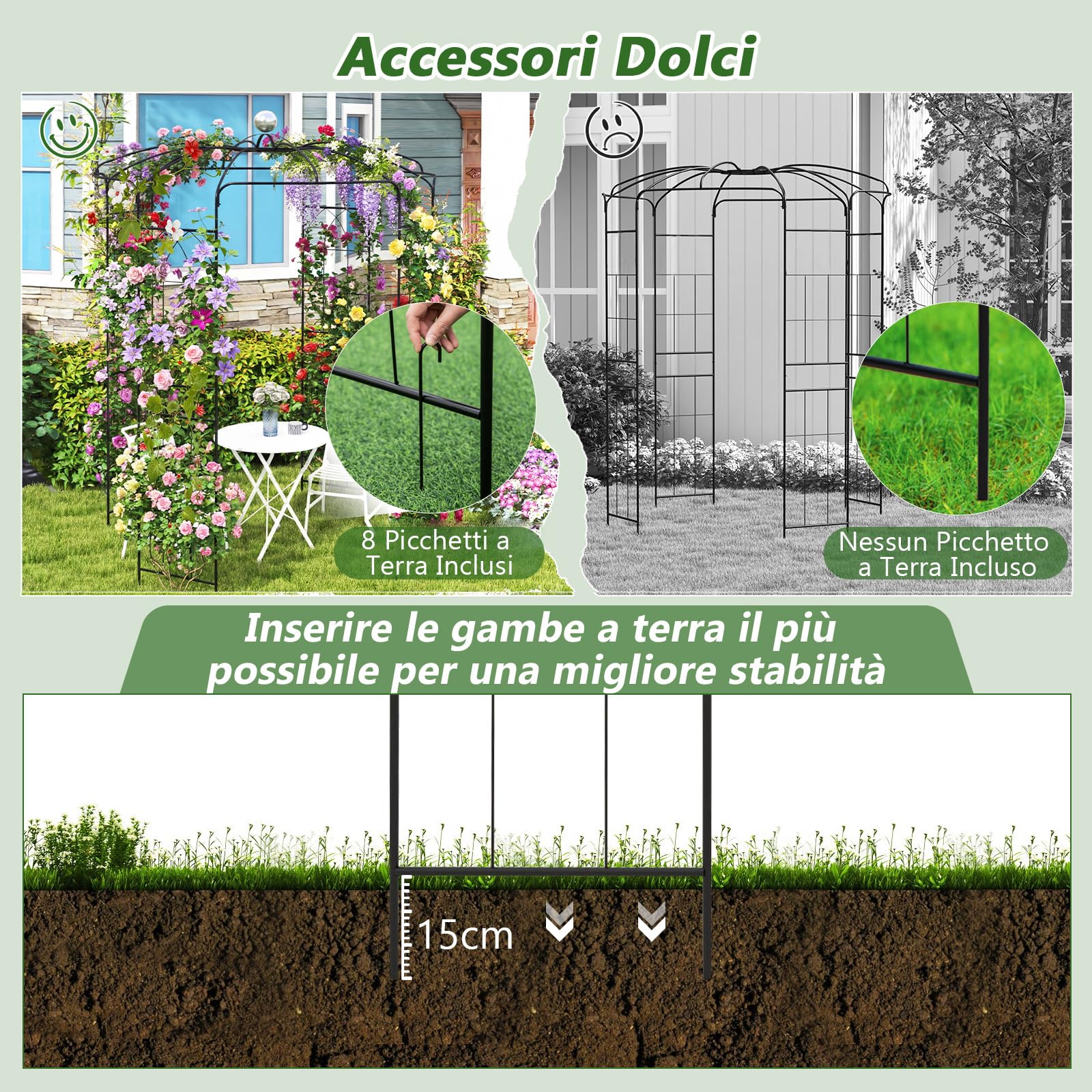 COSTWAY Traliccio ad Arco in Metallo Zincato per Piante Rampicanti, Gazebo a Forma di Gabbia per Uccelli con Gancio e Paletti, Pergola da Giardino per Cerimonie, 198 x 284 cm, Nero
