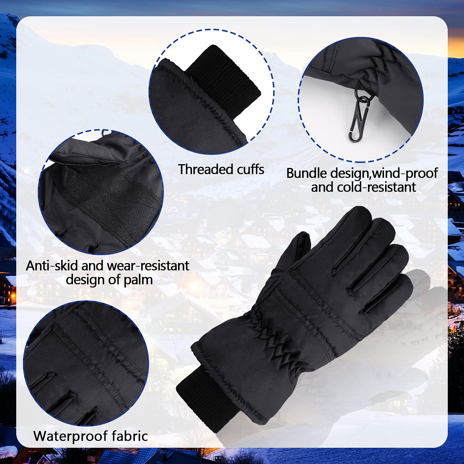 2 Paires Gants de Ski d'Hiver pour Enfants Mitaines de Neige à Doigts Complets Imperméables (Noir et Bleu Marine, 3-6 ans)