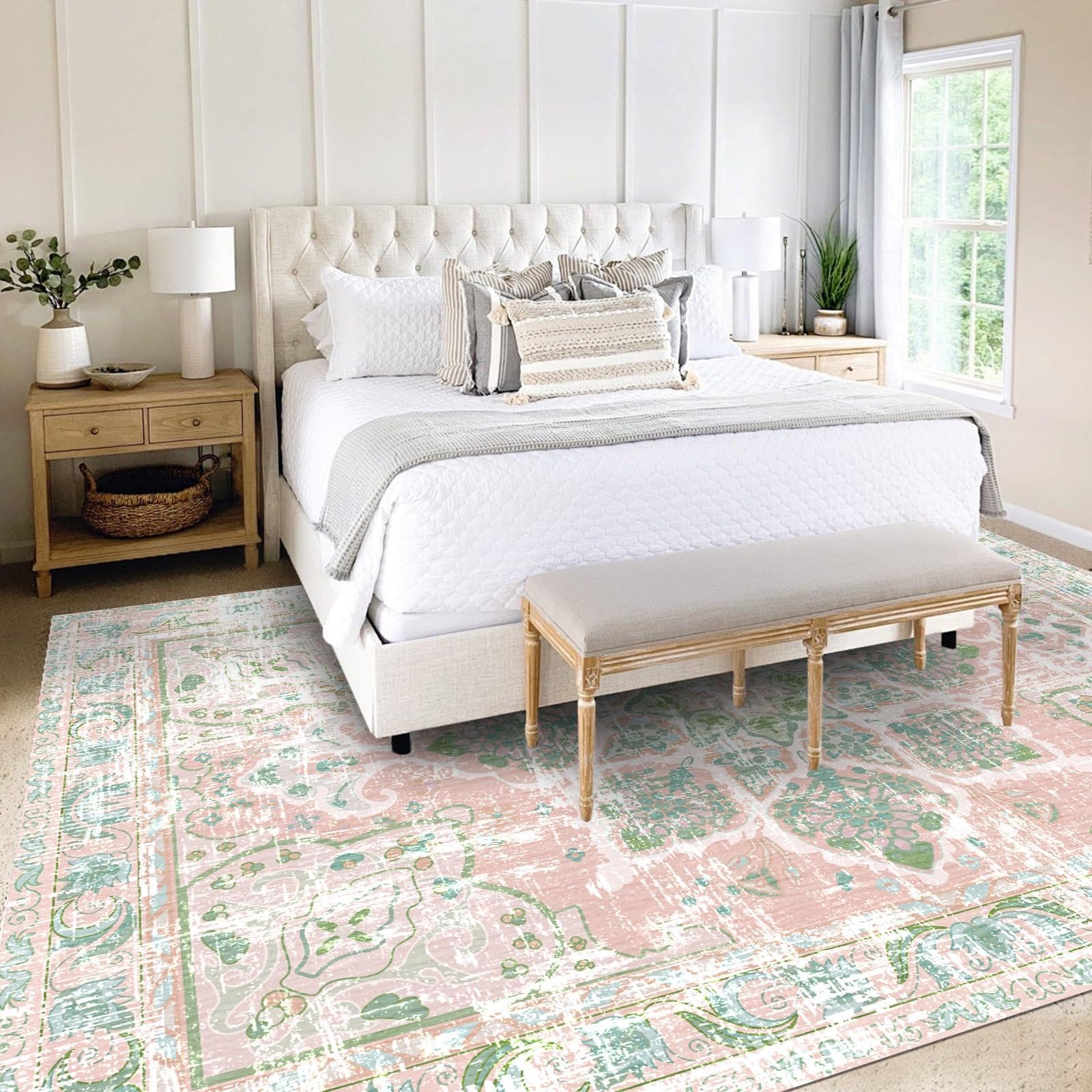 Tapis bohème vintage lavable à motif floral pour salon, chambre à coucher, salle à manger, entrée, 160 x 200 cm, rose poudré neutre et vert