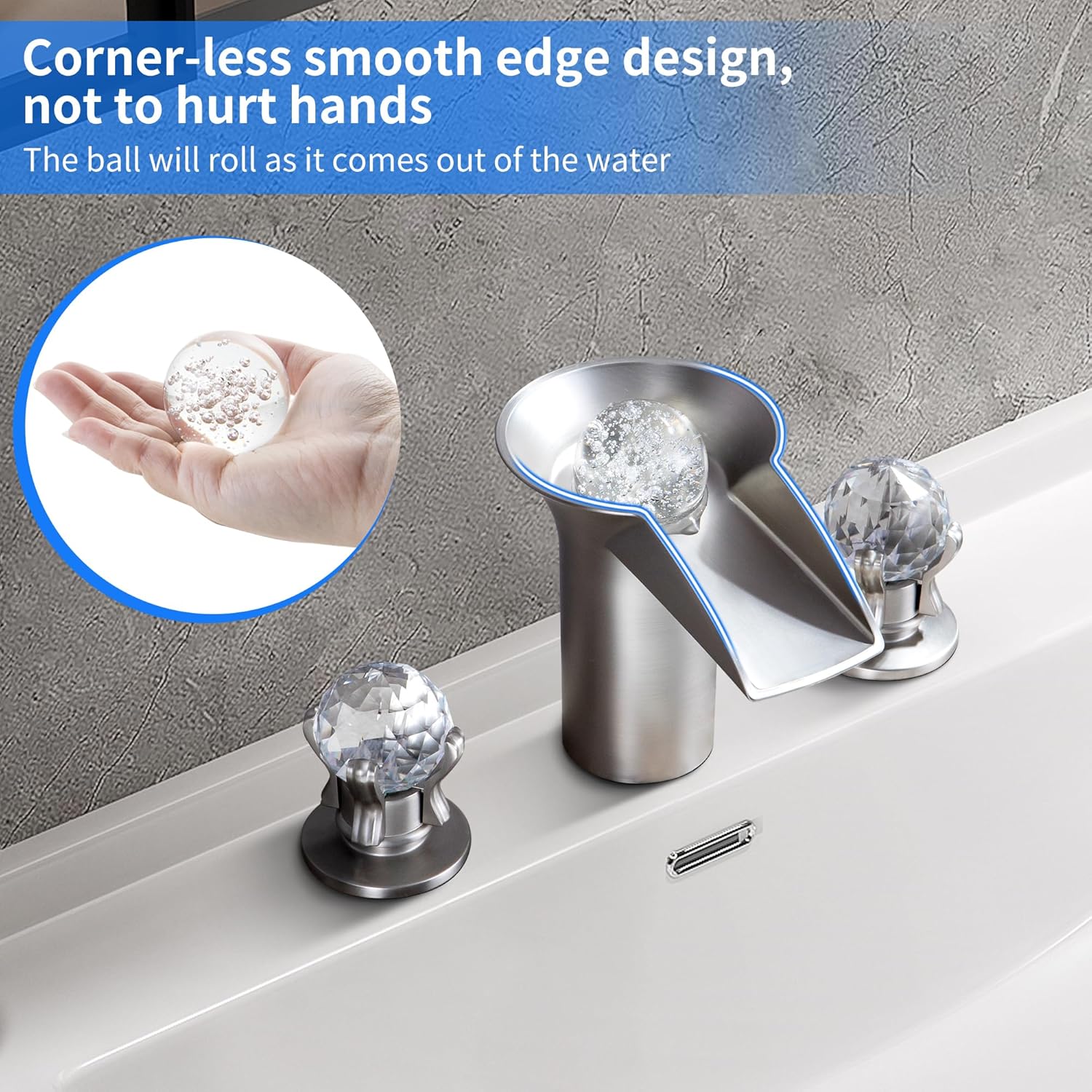 SKOWLL Waterfall Sink Faucet Bathroom 3 Hole, Free Floating Crystall Ball, Deck Mount LED Bathroom Faucet with 2 Handle, Brushed Nickel