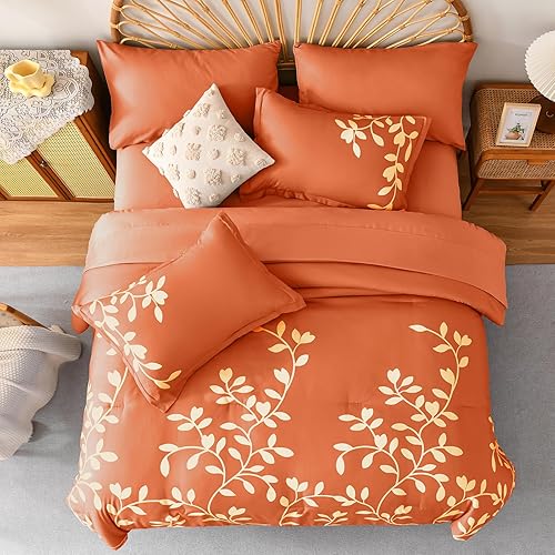 Miniatura 3 de Juego de edredón tamaño Queen de 7 piezas - Juego de edredón con estampado floral botánico en naranja, juego de edredón Queen con sábanas, ropa de