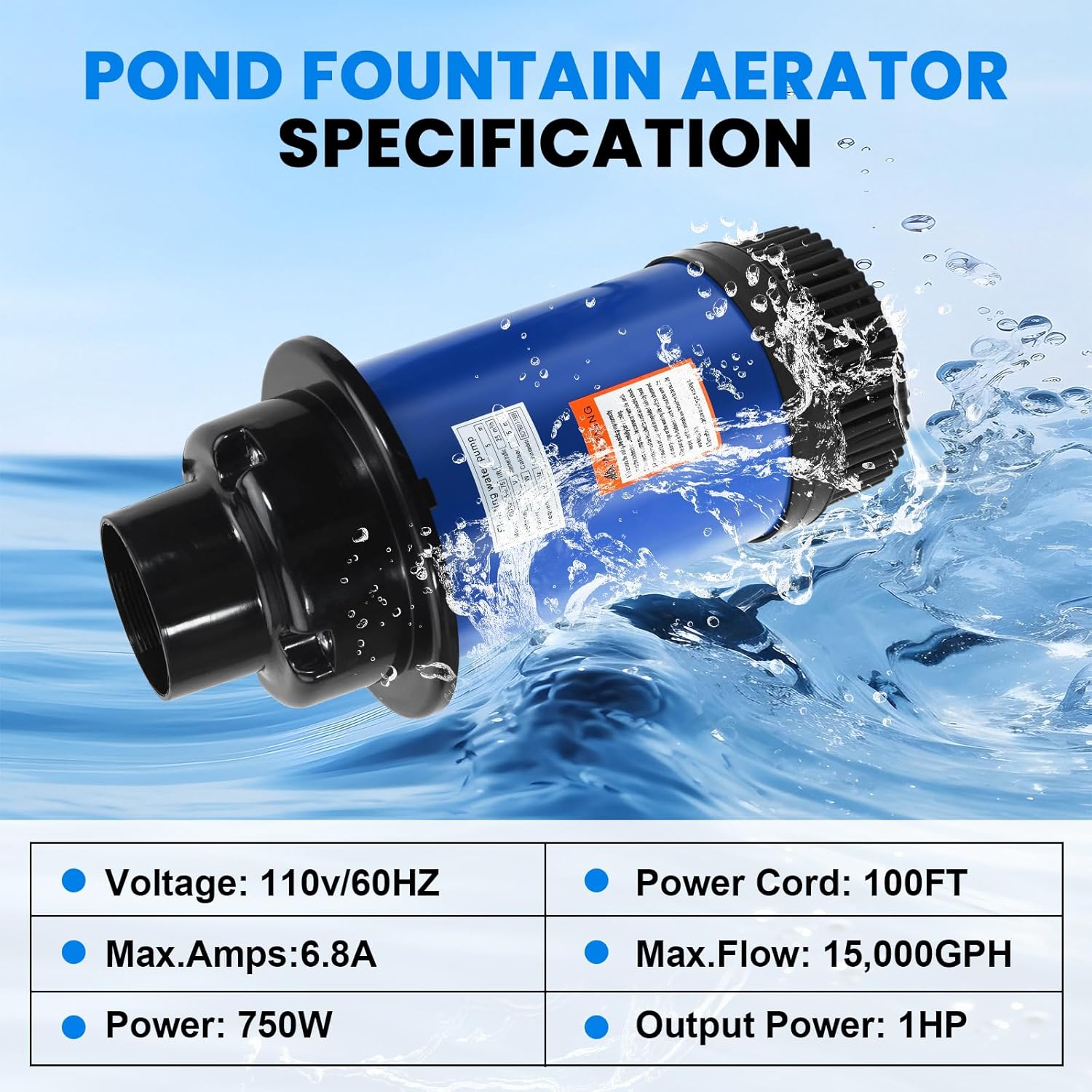 15000 GPH Pond Fountain Aerator-110V Fully Automatic 750W (1HP) Fountain and Pond Aerator. Pond Fountain with 100 ft Power Cord. (Plastic)