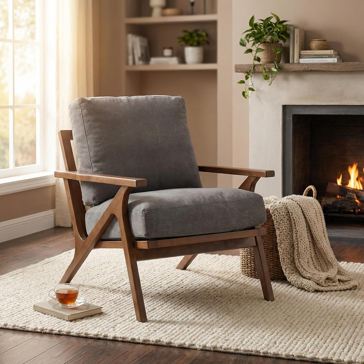 Wahson Mid Century Chair, Upholstered Accent Armchair, with Wood Frame and Canvas Cushions, Leisure Slipper Chair for Living Room/Bedroom, Grey