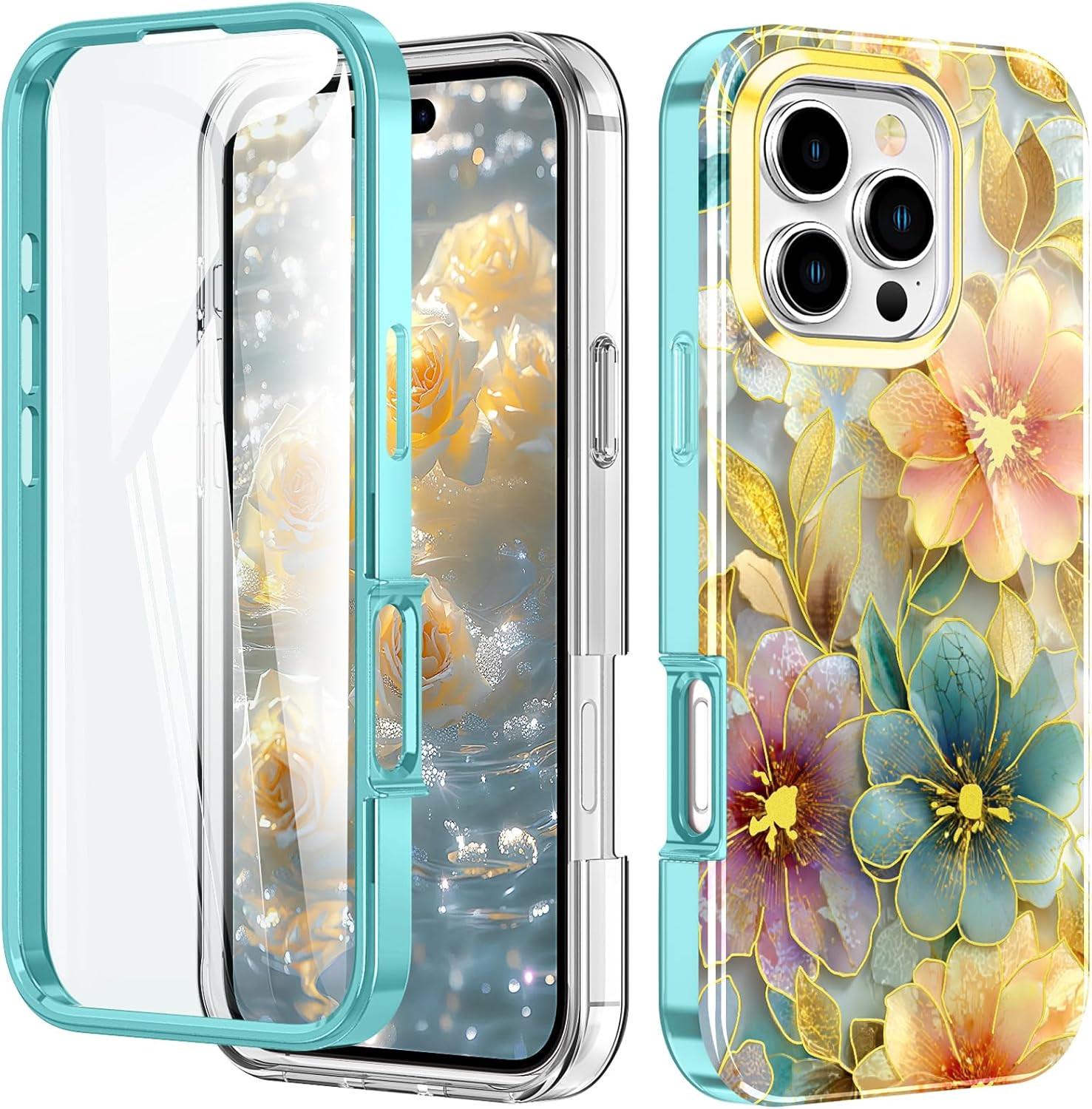 Cute Flower Case for iPhone 16 Pro Max 6.9 inch Built with Screen Protector, Lightweight and Stylish Full Body Shockproof Protective Rugged TPU Case for Women/Girls-Golden Peony Flower
