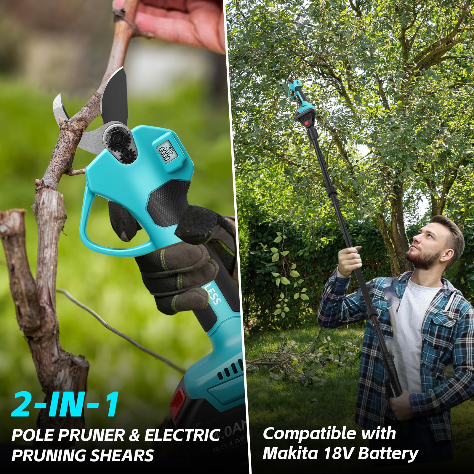 panthem 2 in 1 Akku Astschere Teleskop Elektrische Gartenschere Kompatibel mit Makita 18 V, Maximale Reichweite bis 4.1 m, 43 mm Schnittöffnung, Bürstenlosen Motor mit 2x4000mAh Batterien