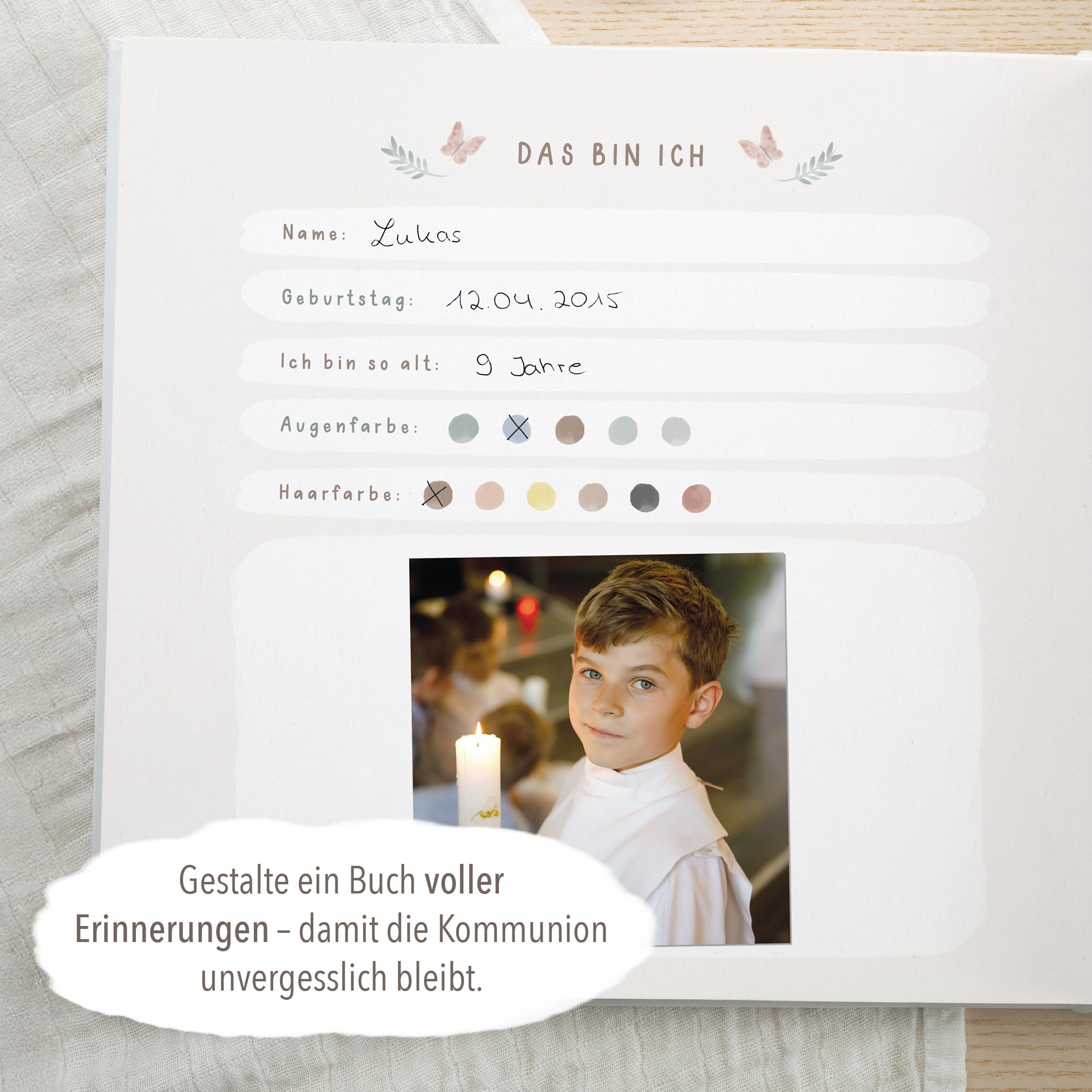 mintkind® Erinnerungsalbum Kommunion Meine Kommunion Kommunionsalbum zum Ausfüllen salbeigrünes Pattern Erinnerungsalbum Kommunion mit Platz für Fotos Wünsche Zeichnungen 60 Seiten Hardcover - 5