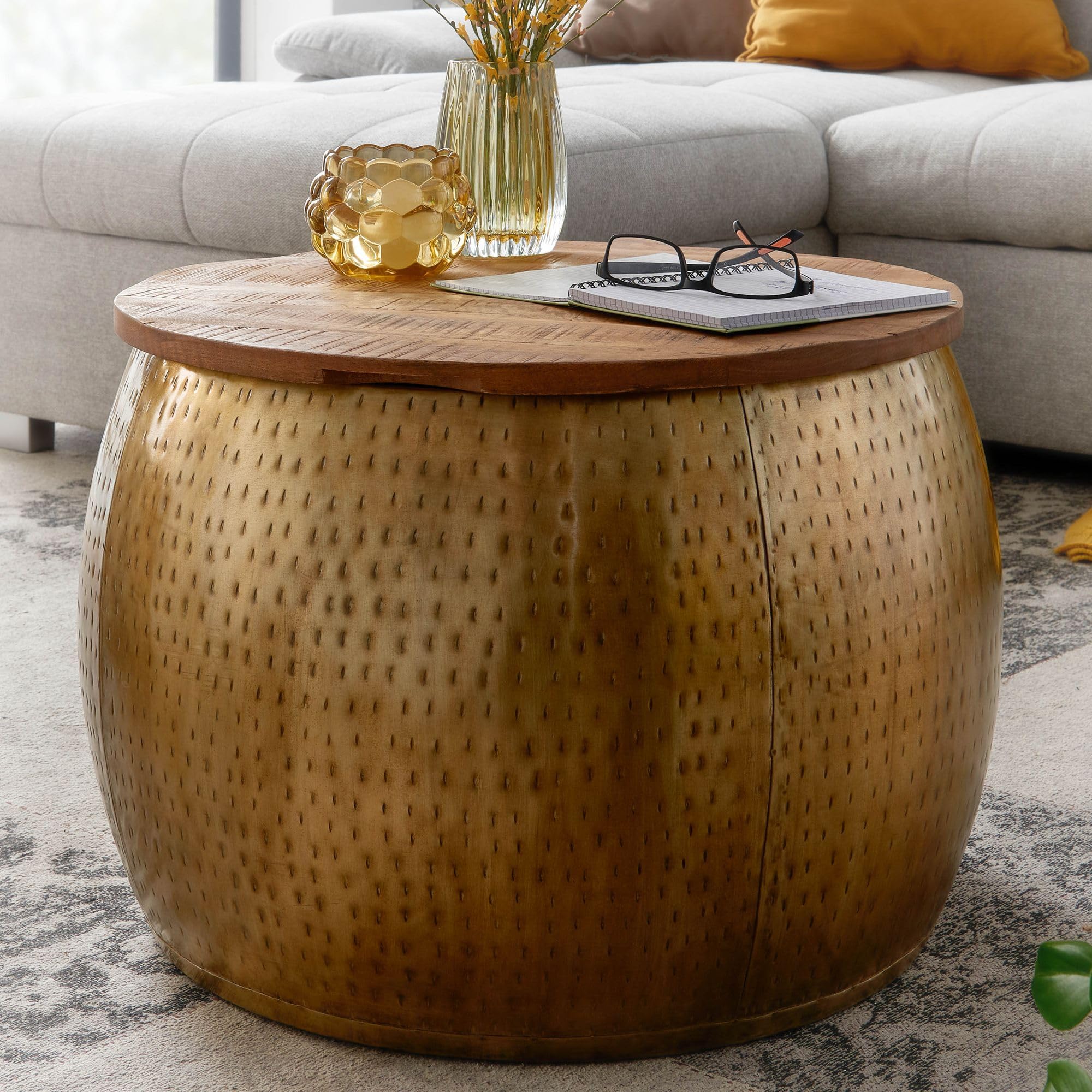 FineBuy Mesa de Centro Moderna Redonda 60x60x40 cm Metal y Madera Maciza de Mango | Mesa Auxiliar Oro con Almacenaje para Salón | Mesita Café para Sofá | mesa de salón con bandeja extraíble y compartimento, punta de sofá de madera auténtica, pieza única h