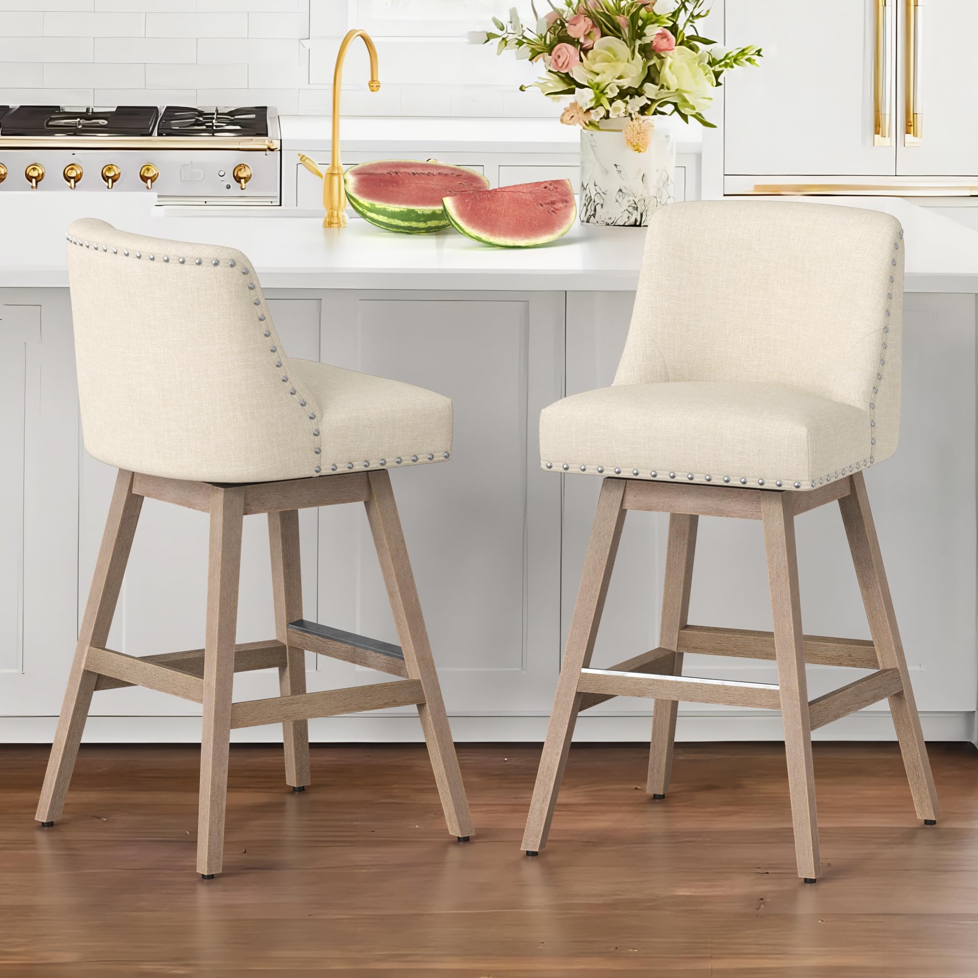 30 Inch Bar Stools Set of 2, Beige Swivel Counter Stools with Back, Linen Fabric Upholstered Barstools, Solid Wood Legs with Footrest, Modern Bar stool for Kitchen Island, Dining Room, Pub