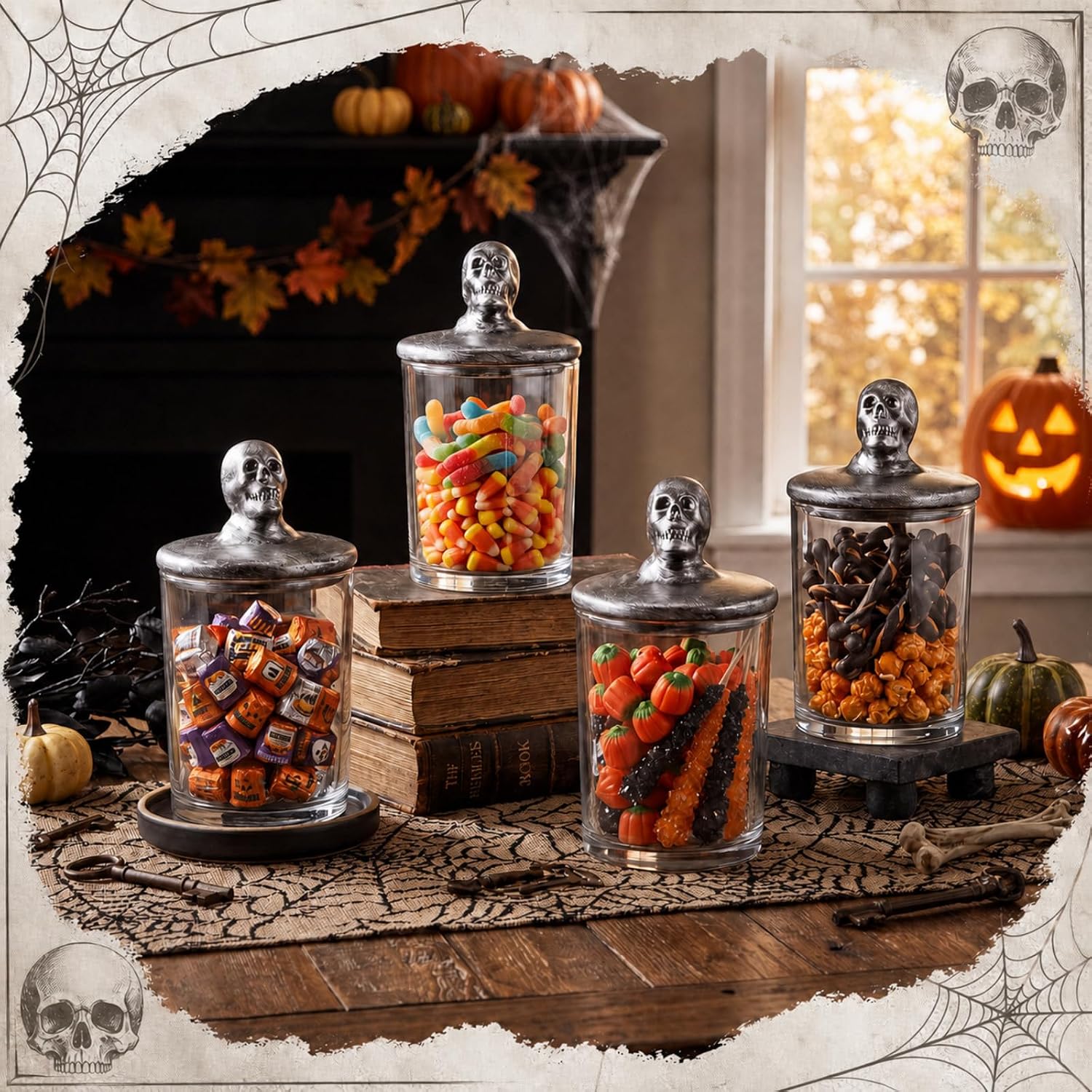 Hushee 4 Pack Halloween Glasses Storage Skull Jars with Ceramic Lids