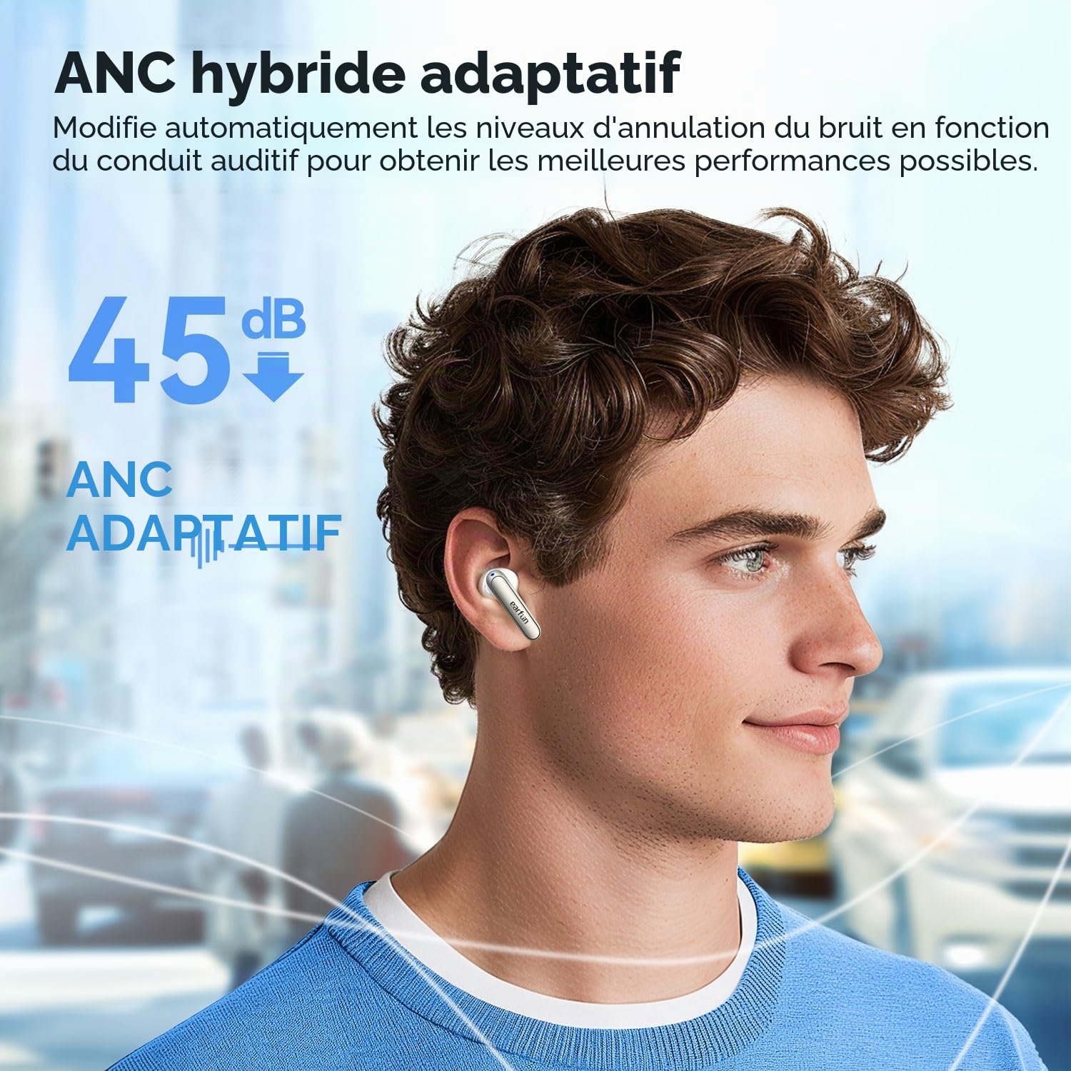 EarFun Air 2 NC Écouteurs sans Fil à Réduction de Bruit Adaptative, 6 Micros AI ENC, Son Hi-Res, LDAC, 40H d’Autonomie, Connexion Multipoint, Confort Optimal, EQ Via App, Google Fast Pair, Blanc