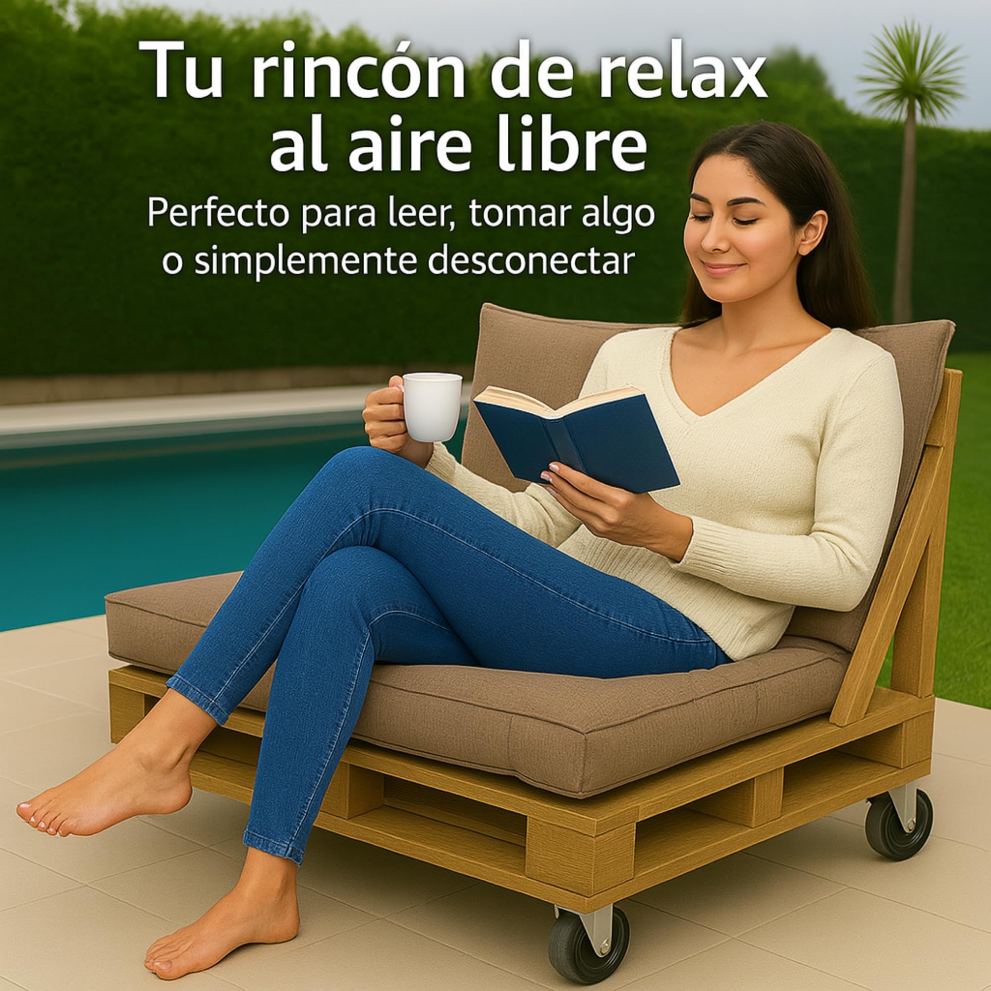 Diverpuffs Sofá Palet Exterior Madera Tratada 120x80 Resistente Agua y Sol con Ruedas con Freno Terraza Patio Jardín Diseño Natural Relajante Sin Mantenimiento Cómodo Montaje Fácil Chill out