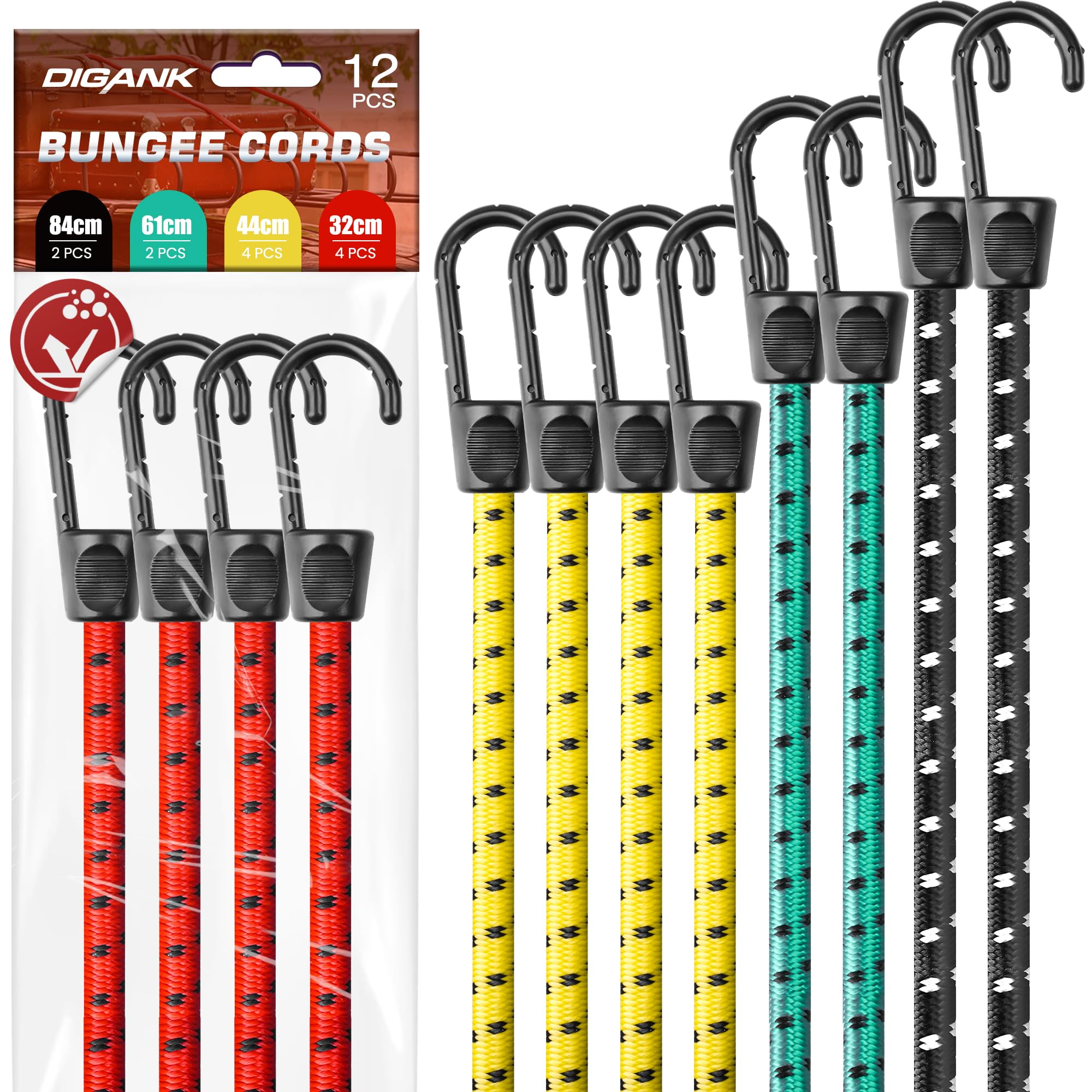 Bungee Cords with Hooks Heavy Duty 35kg – Elastic Tie Down Straps, Luggage Straps, Camping Gear, Tarps, Garden Furniture, Trailer, DIY (Pack of 12) 4pc*32cm 4pc*44cm 2pc*61cm 2pc*84cm