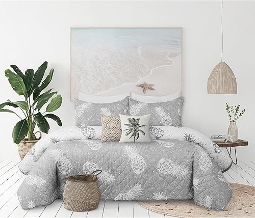 Colchas para cama King, colchas de piñas grises, colcha suave de verano, colcha de microfibra ligera, colcha de estilo moderno con patrón para todas